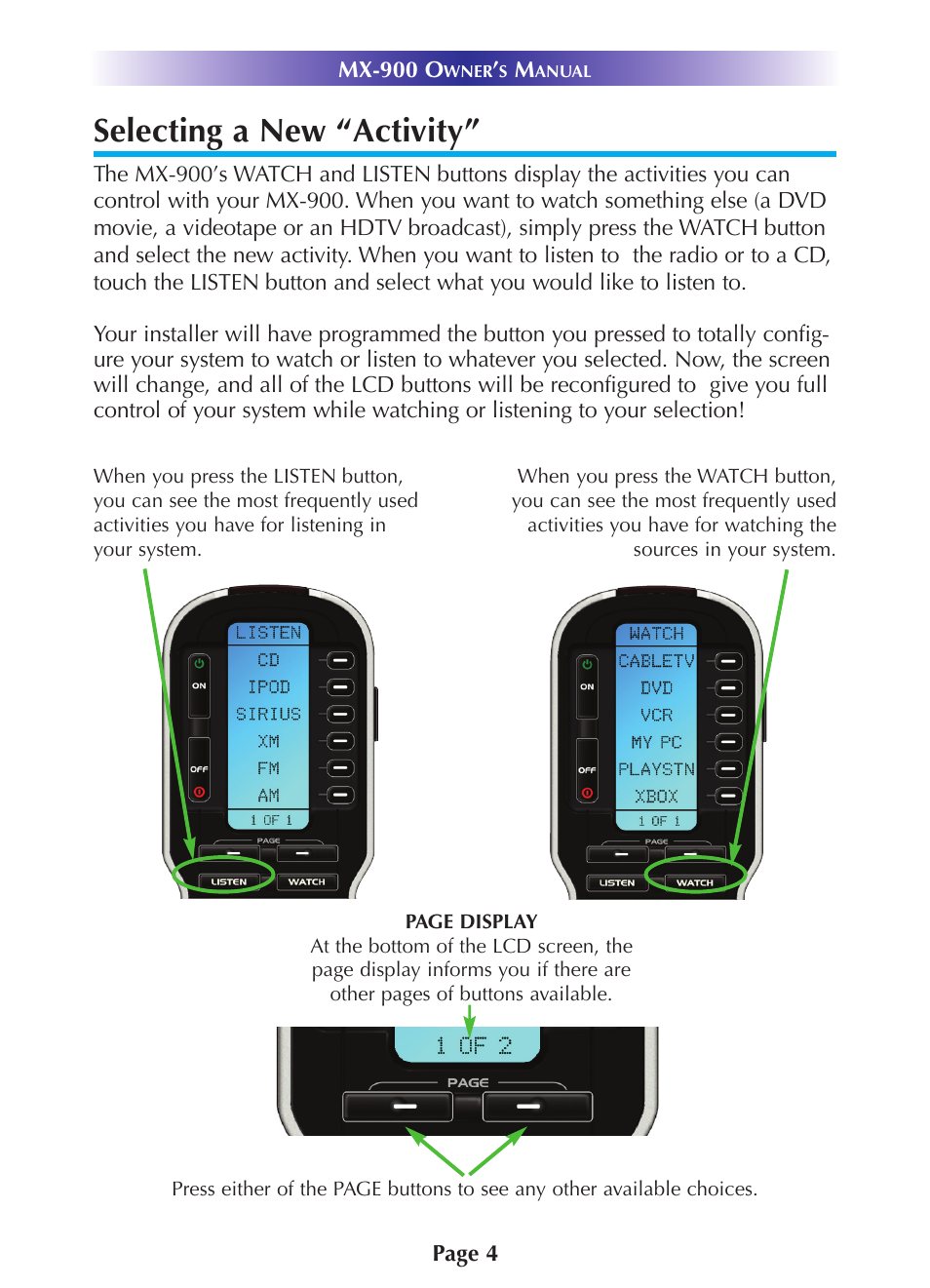 Selecting a new “activity | Universal Remote Control (URS) MX-900 User Manual | Page 7 / 19