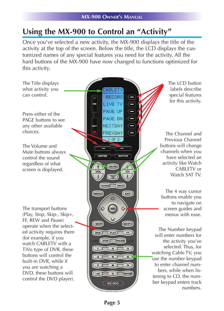 Using the mx-900 to control an “activity | Universal Remote Control (URS) MX-900 User Manual | Page 8 / 19