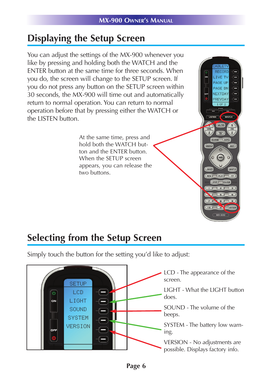 Displaying the setup screen, Selecting from the setup screen | Universal Remote Control (URS) MX-900 User Manual | Page 9 / 19