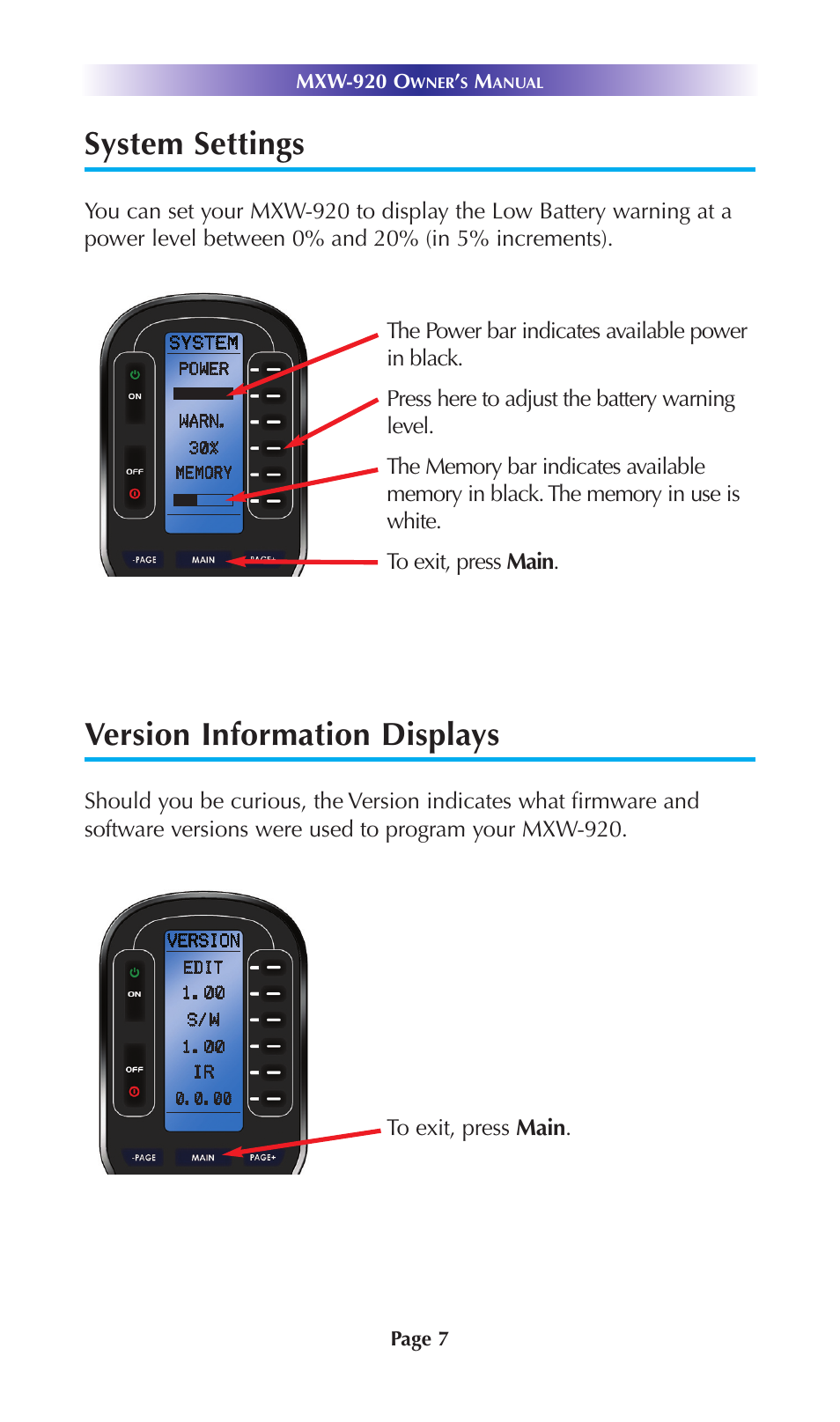 System settings, Version information displays | Universal Remote Control (URS) MXW-920 User Manual | Page 10 / 20
