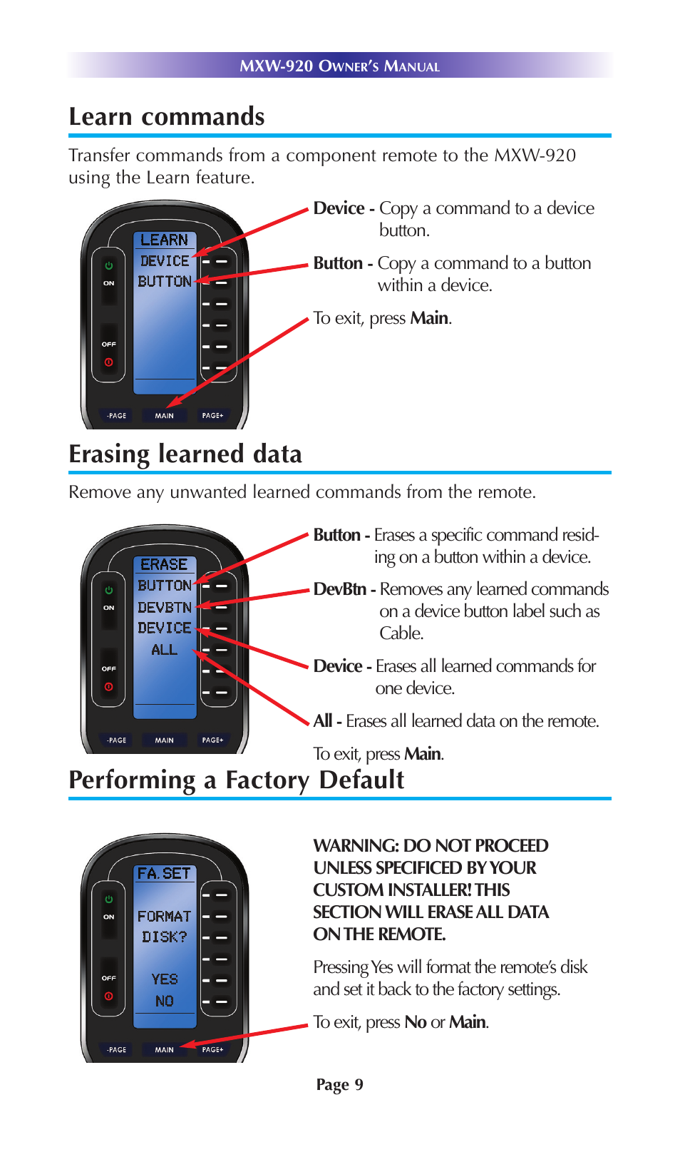 Learn commands, Erasing learned data, Performing a factory default | Universal Remote Control (URS) MXW-920 User Manual | Page 12 / 20