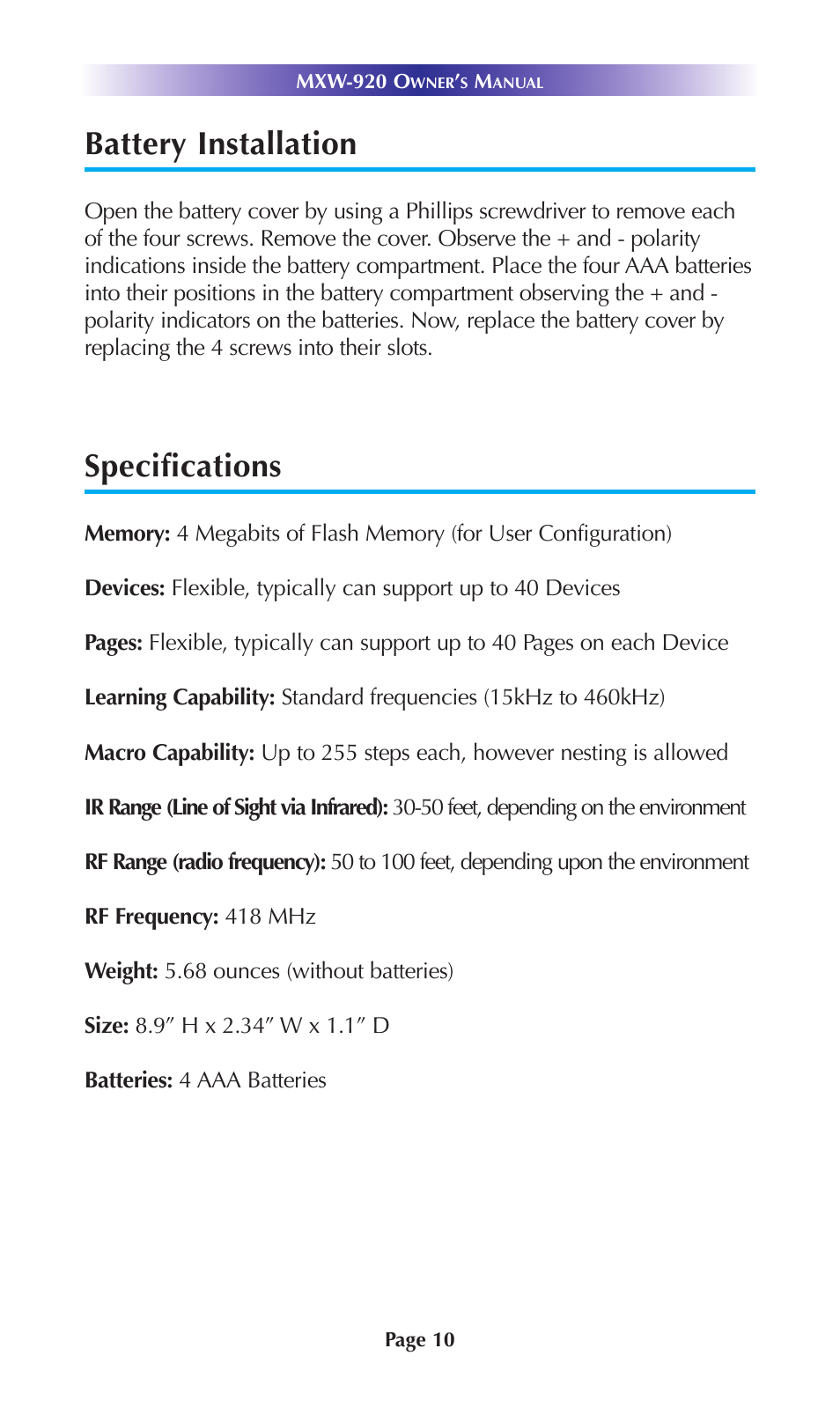 Battery installation, Specifications | Universal Remote Control (URS) MXW-920 User Manual | Page 13 / 20