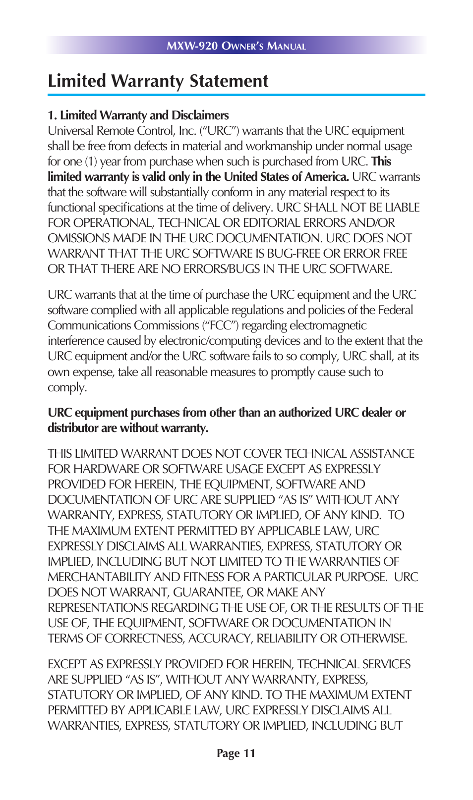 Limited warranty statement | Universal Remote Control (URS) MXW-920 User Manual | Page 14 / 20