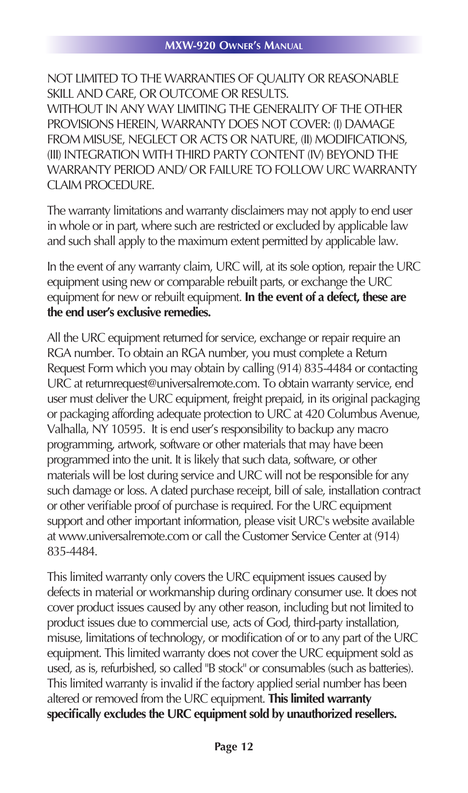 Universal Remote Control (URS) MXW-920 User Manual | Page 15 / 20