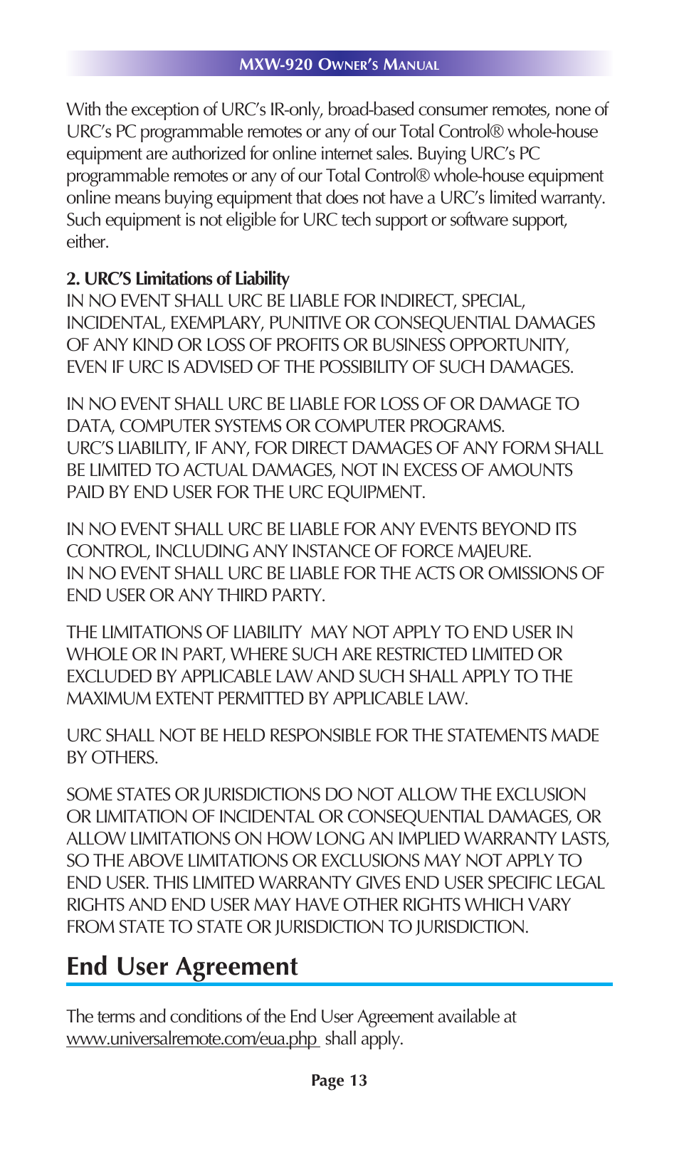 End user agreement | Universal Remote Control (URS) MXW-920 User Manual | Page 16 / 20