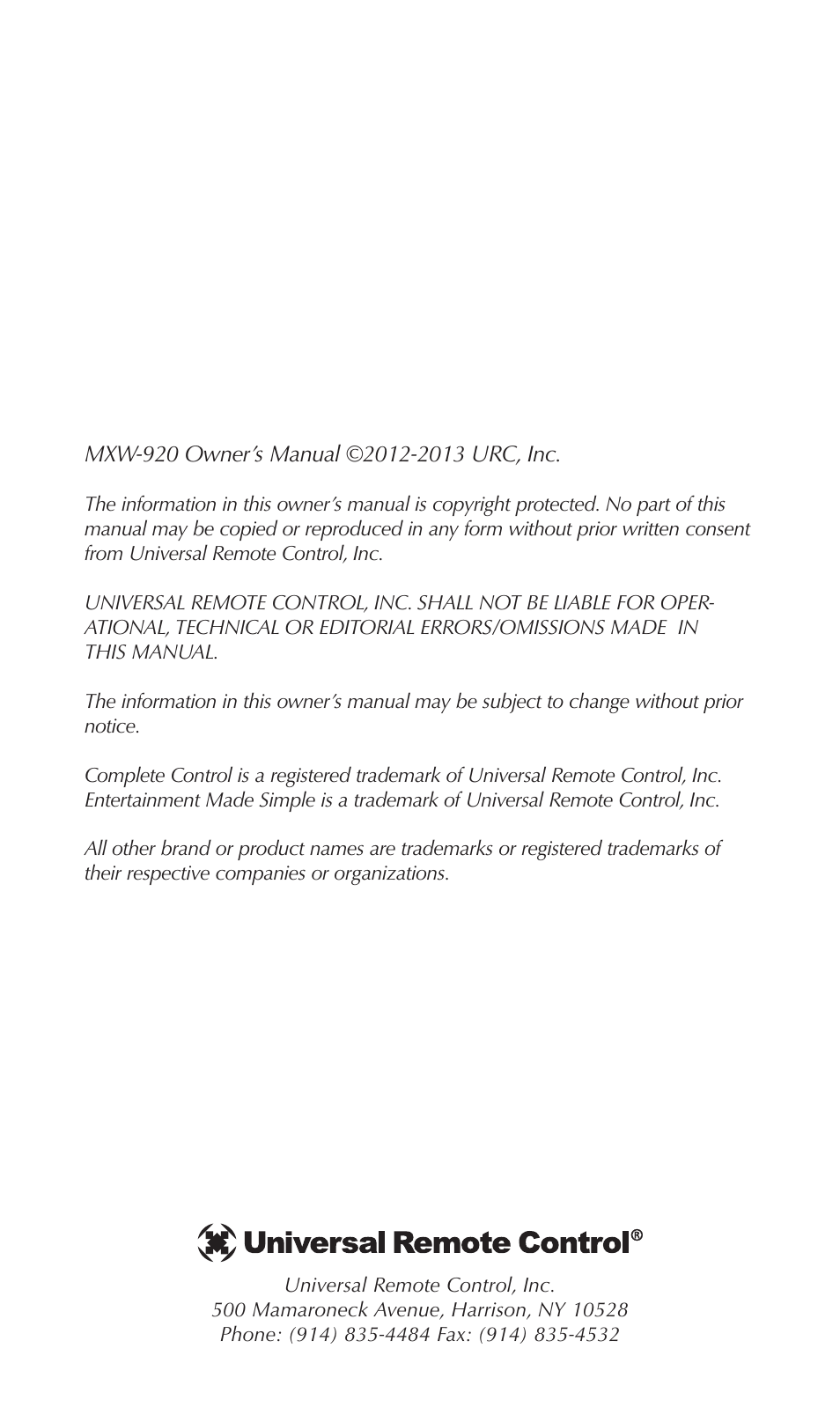 Universal Remote Control (URS) MXW-920 User Manual | Page 2 / 20