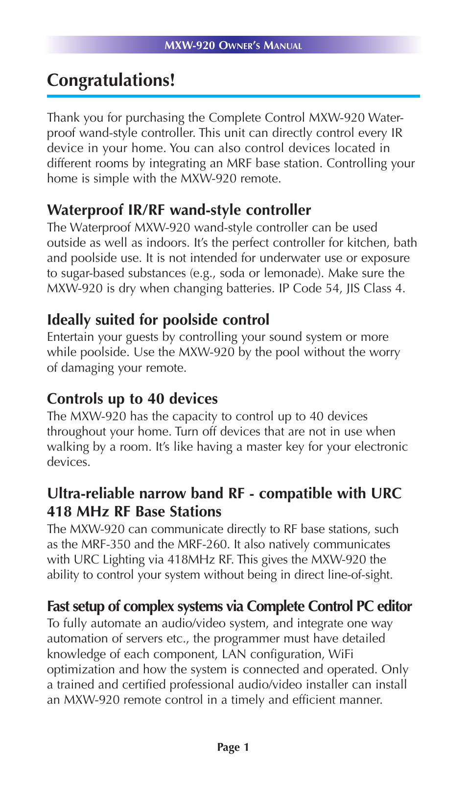 Waterproof ir/rf wand-style controller, Ideally suited for poolside control, Controls up to 40 devices | Universal Remote Control (URS) MXW-920 User Manual | Page 4 / 20