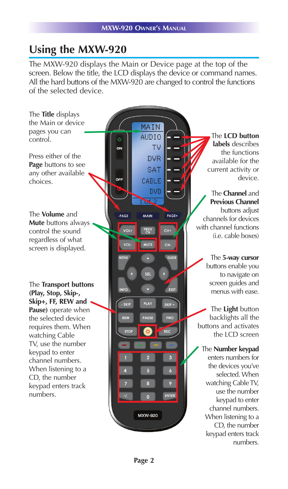 Using the mxw-920 | Universal Remote Control (URS) MXW-920 User Manual | Page 5 / 20