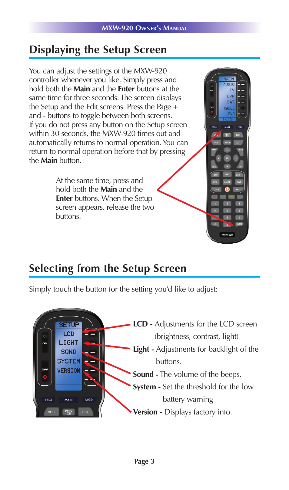 Displaying the setup screen, Selecting from the setup screen | Universal Remote Control (URS) MXW-920 User Manual | Page 6 / 20