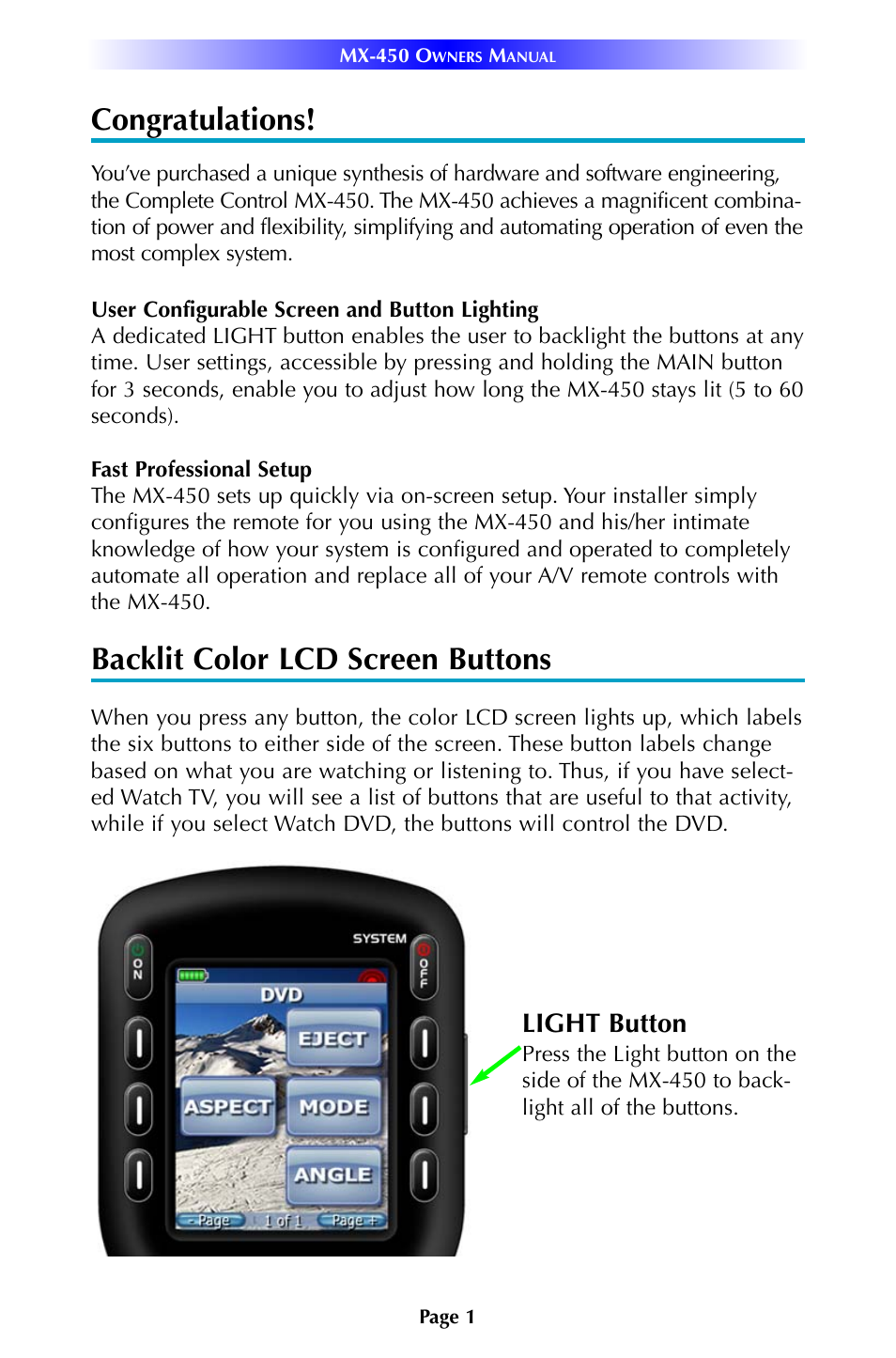 Backlit color lcd screen buttons, Light button | Universal Remote Control (URS) MX-450 User Manual | Page 4 / 12