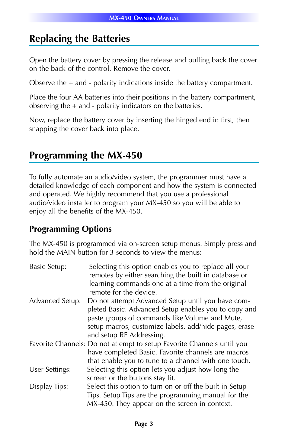 Replacing the batteries, Programming the mx-450, Programming options | Universal Remote Control (URS) MX-450 User Manual | Page 6 / 12