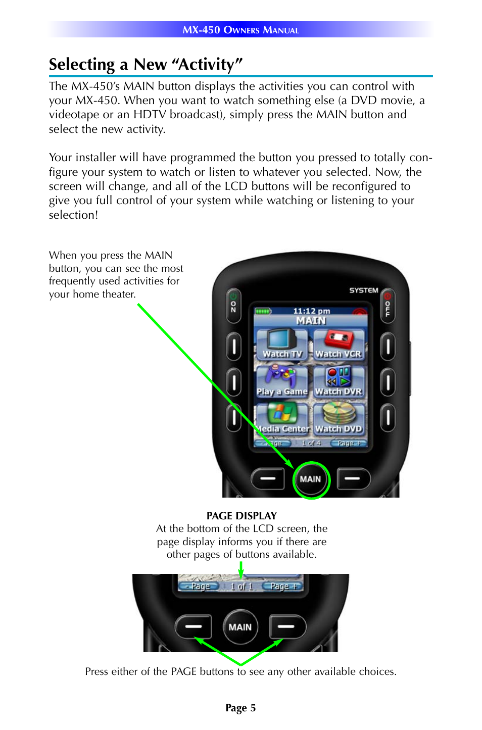 Selecting a new “activity | Universal Remote Control (URS) MX-450 User Manual | Page 8 / 12