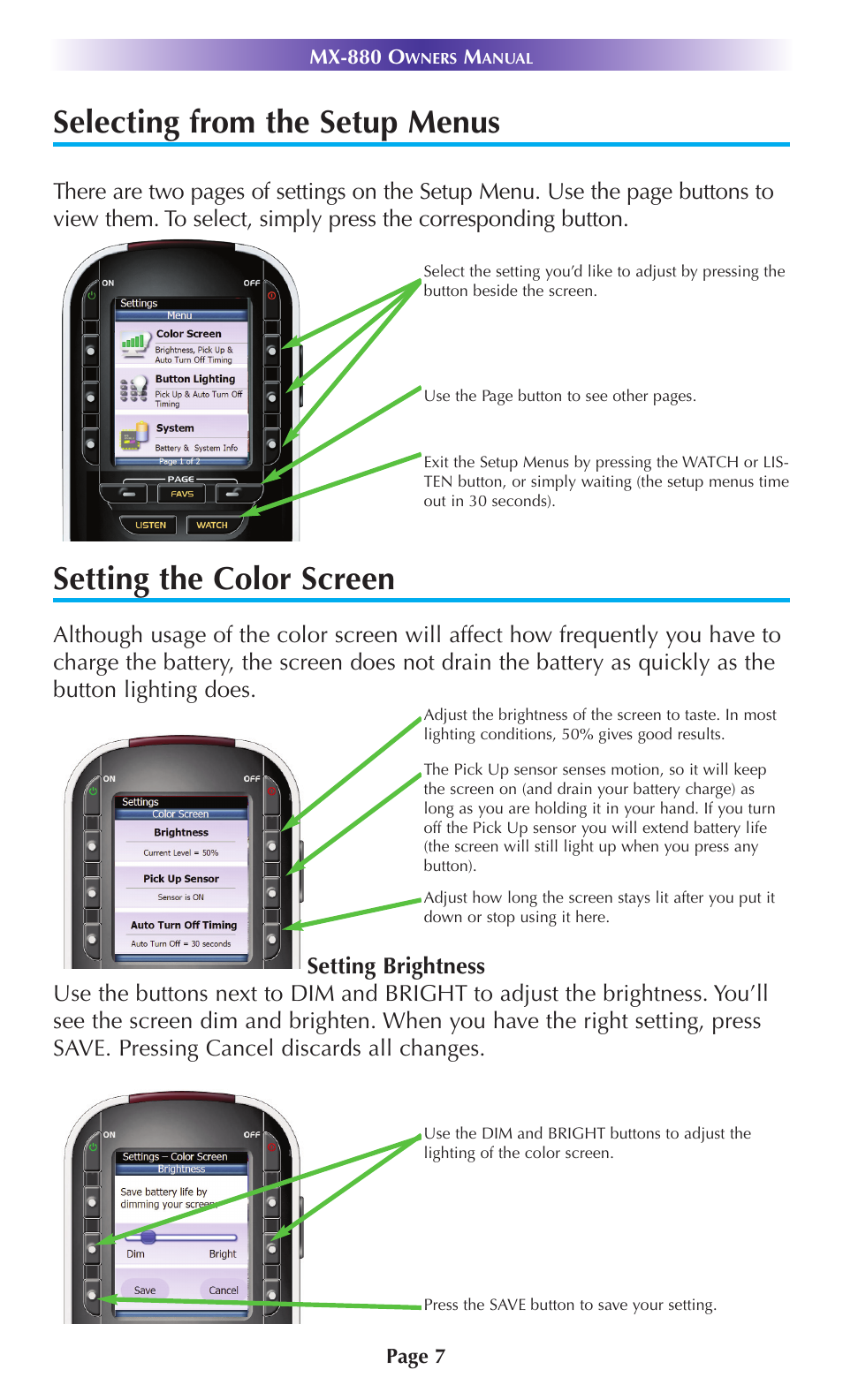 Selecting from the setup menus, Setting the color screen | Universal Remote Control (URS) MX-880 User Manual | Page 10 / 22