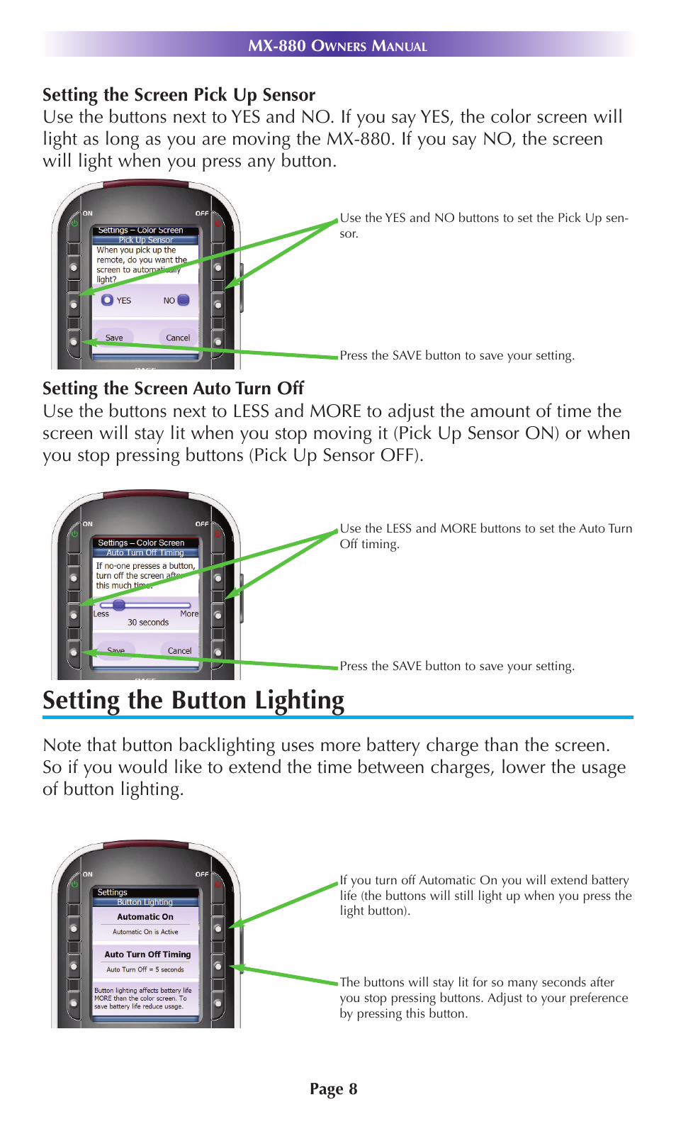 Setting the button lighting | Universal Remote Control (URS) MX-880 User Manual | Page 11 / 22