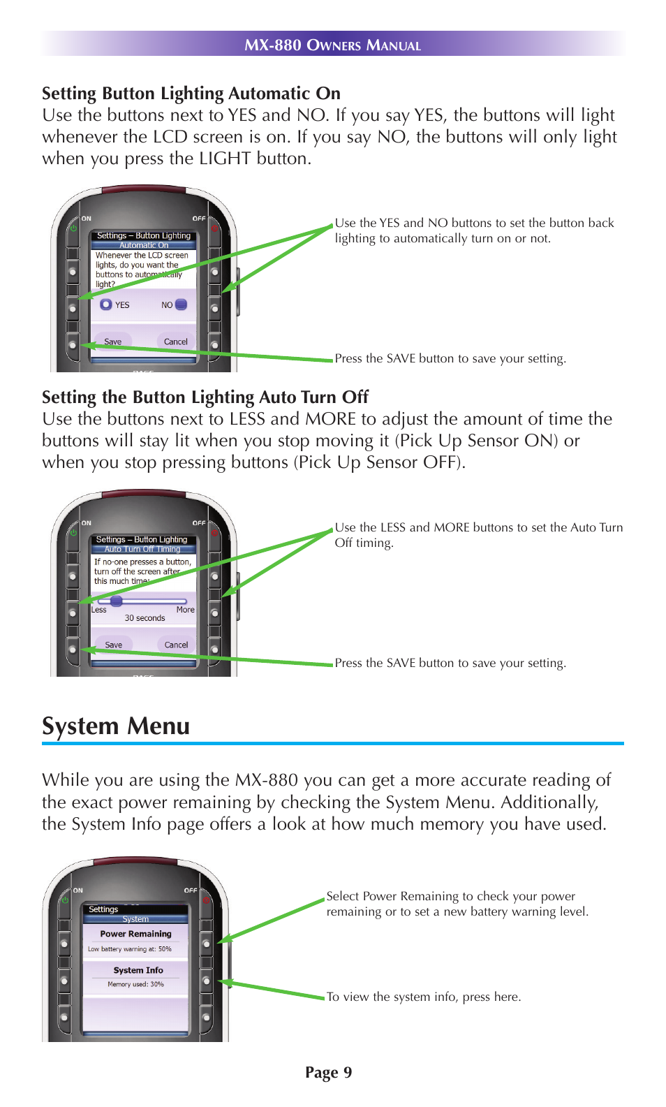 System menu | Universal Remote Control (URS) MX-880 User Manual | Page 12 / 22