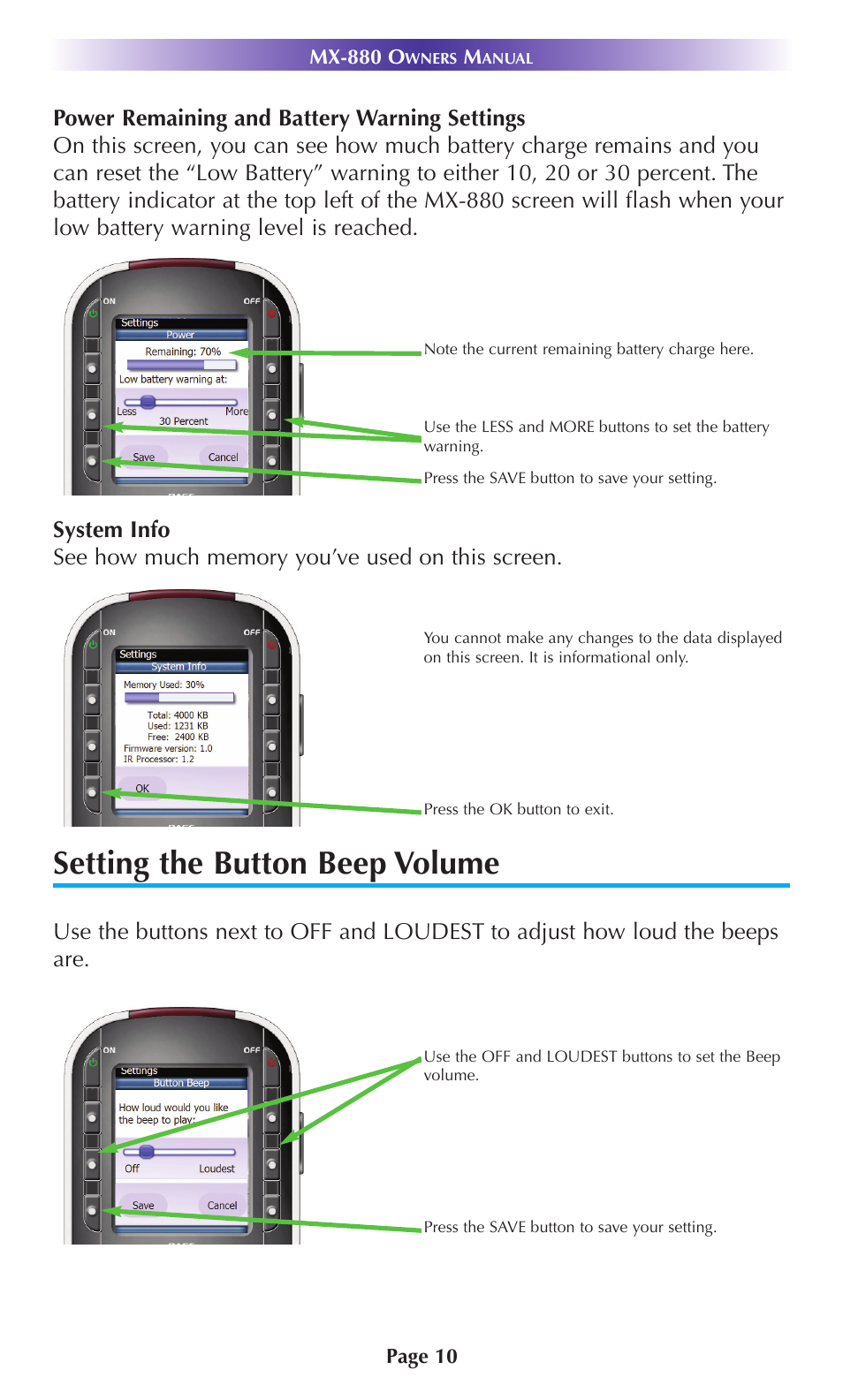 Setting the button beep volume | Universal Remote Control (URS) MX-880 User Manual | Page 13 / 22