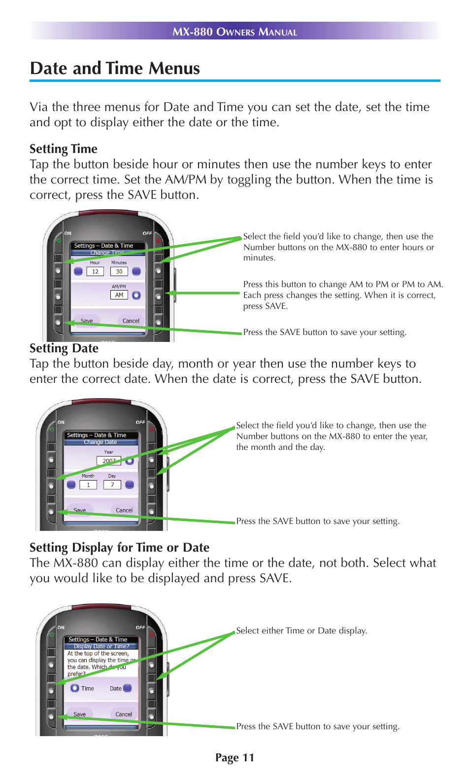 Date and time menus | Universal Remote Control (URS) MX-880 User Manual | Page 14 / 22