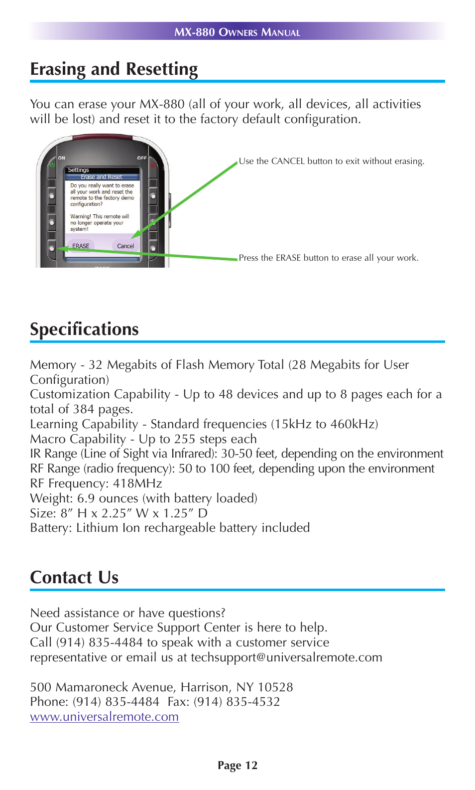 Erasing and resetting, Specifications, Contact us | Universal Remote Control (URS) MX-880 User Manual | Page 15 / 22