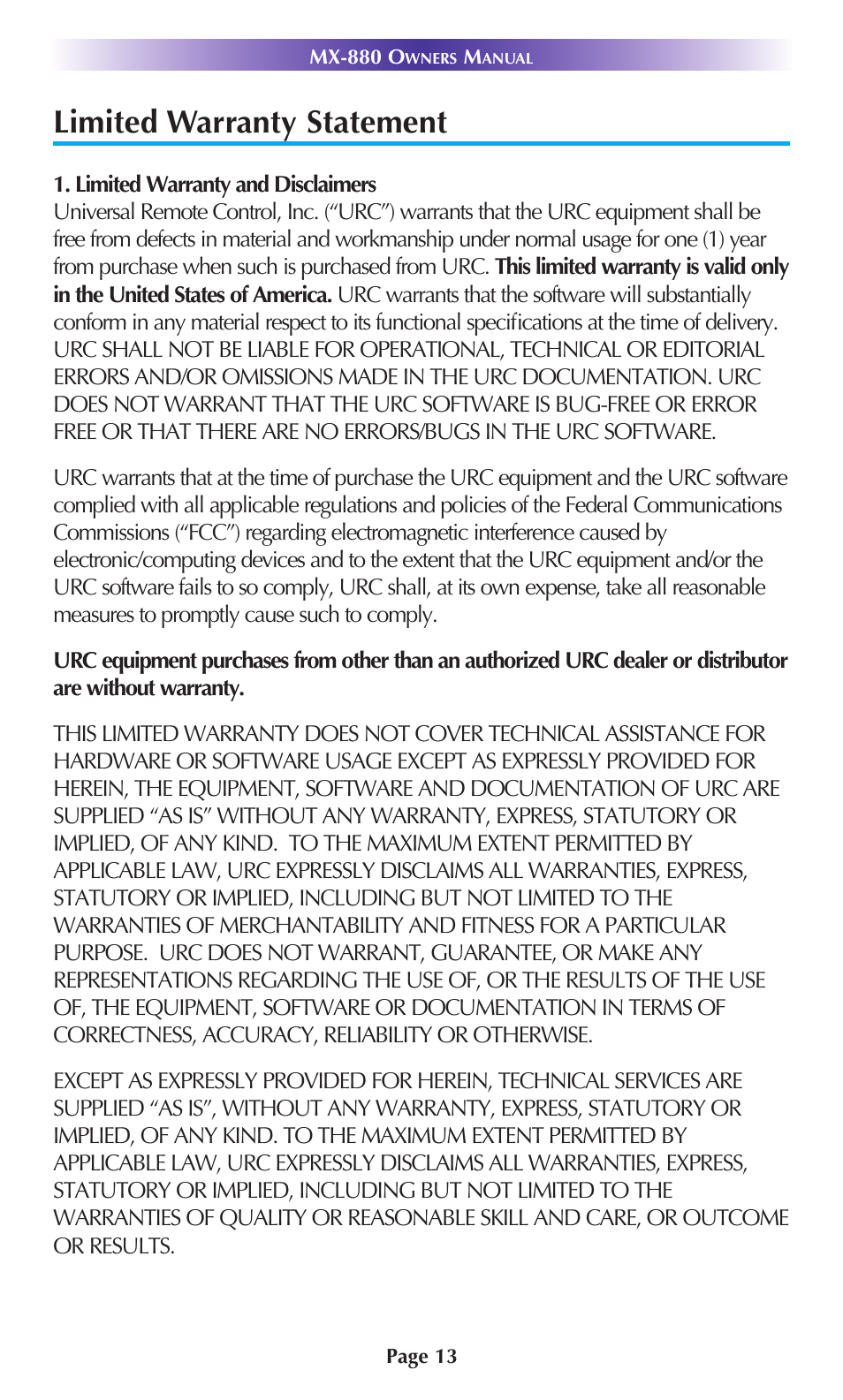 Limited warranty statement | Universal Remote Control (URS) MX-880 User Manual | Page 16 / 22