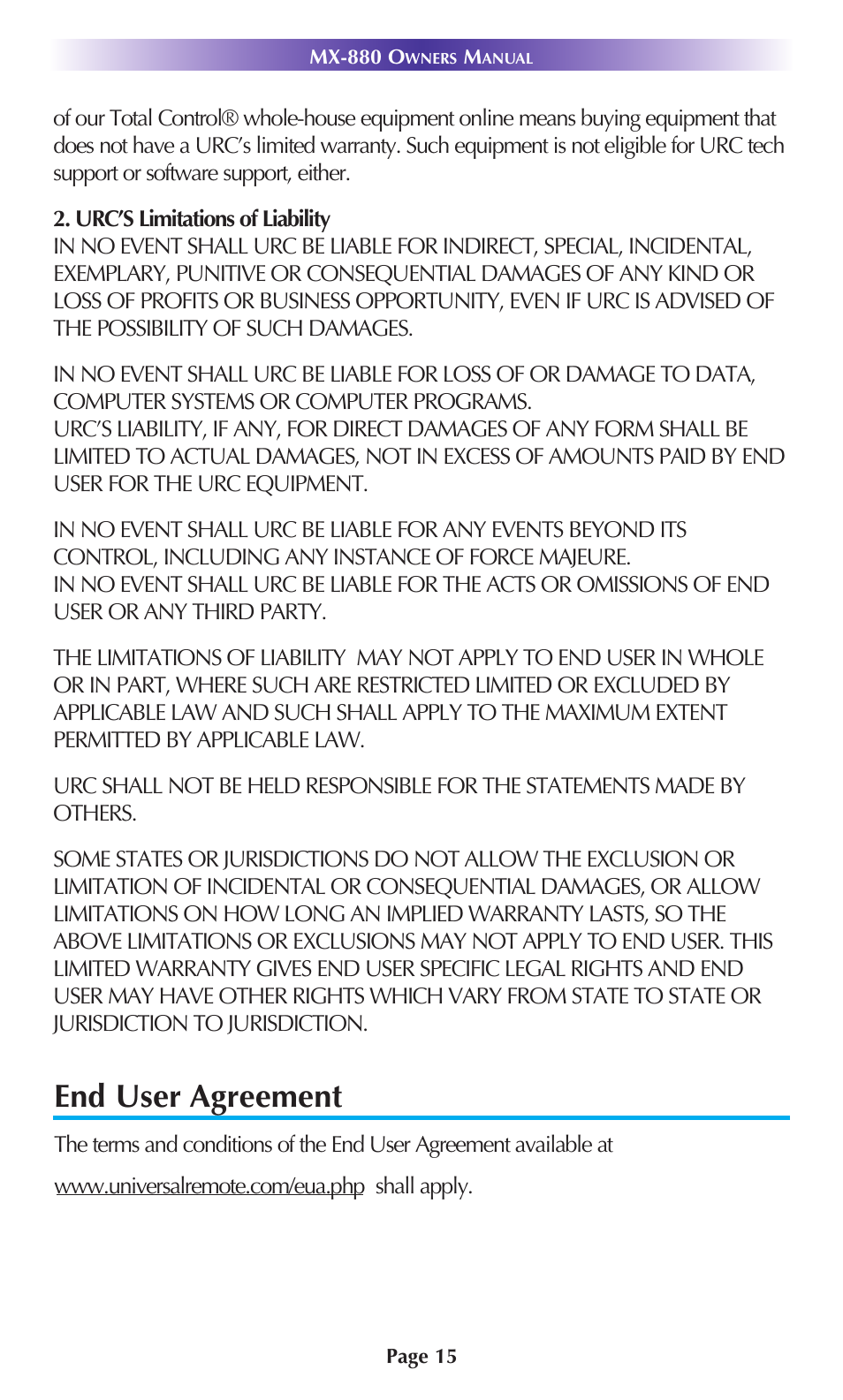 End user agreement | Universal Remote Control (URS) MX-880 User Manual | Page 18 / 22