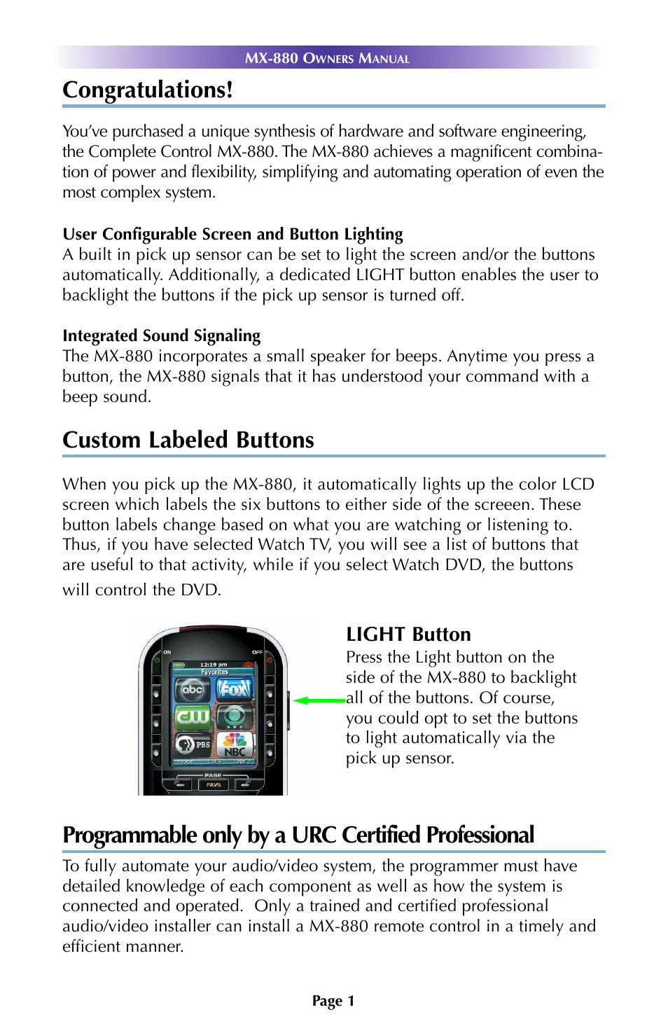 Custom labeled buttons, Programmable only by a urc certified professional, Light button | Universal Remote Control (URS) MX-880 User Manual | Page 4 / 22
