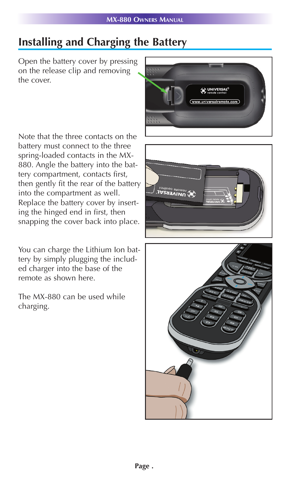 Installing and charging the battery | Universal Remote Control (URS) MX-880 User Manual | Page 6 / 22