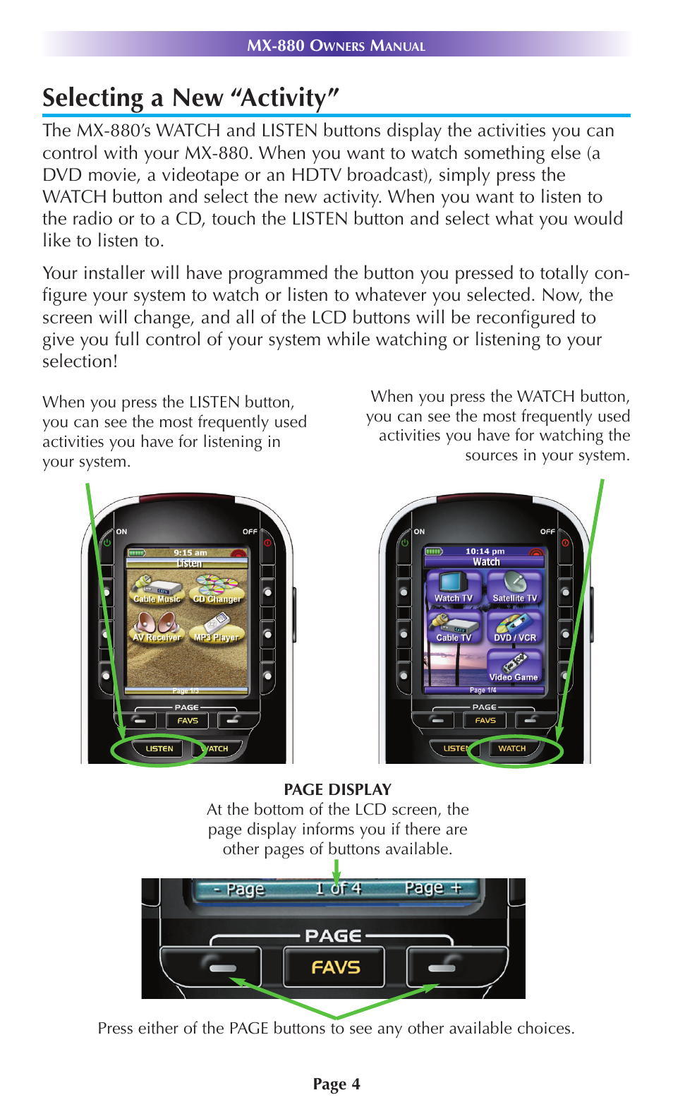 Selecting a new “activity | Universal Remote Control (URS) MX-880 User Manual | Page 7 / 22
