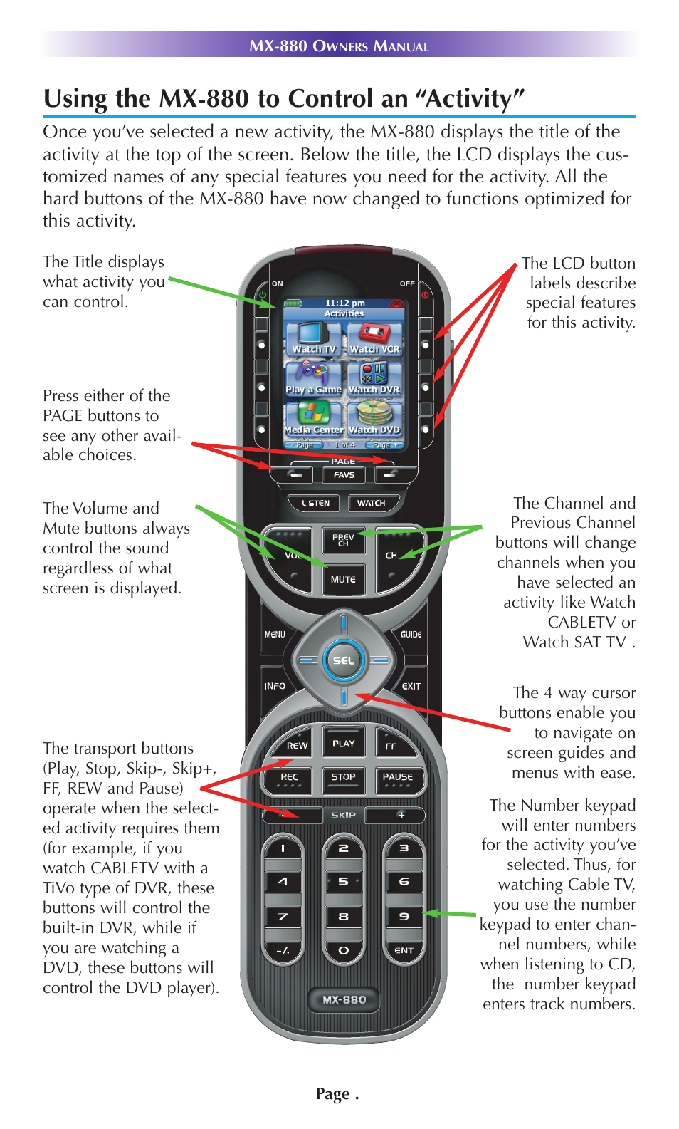 Using the mx-880 to control an “activity | Universal Remote Control (URS) MX-880 User Manual | Page 8 / 22