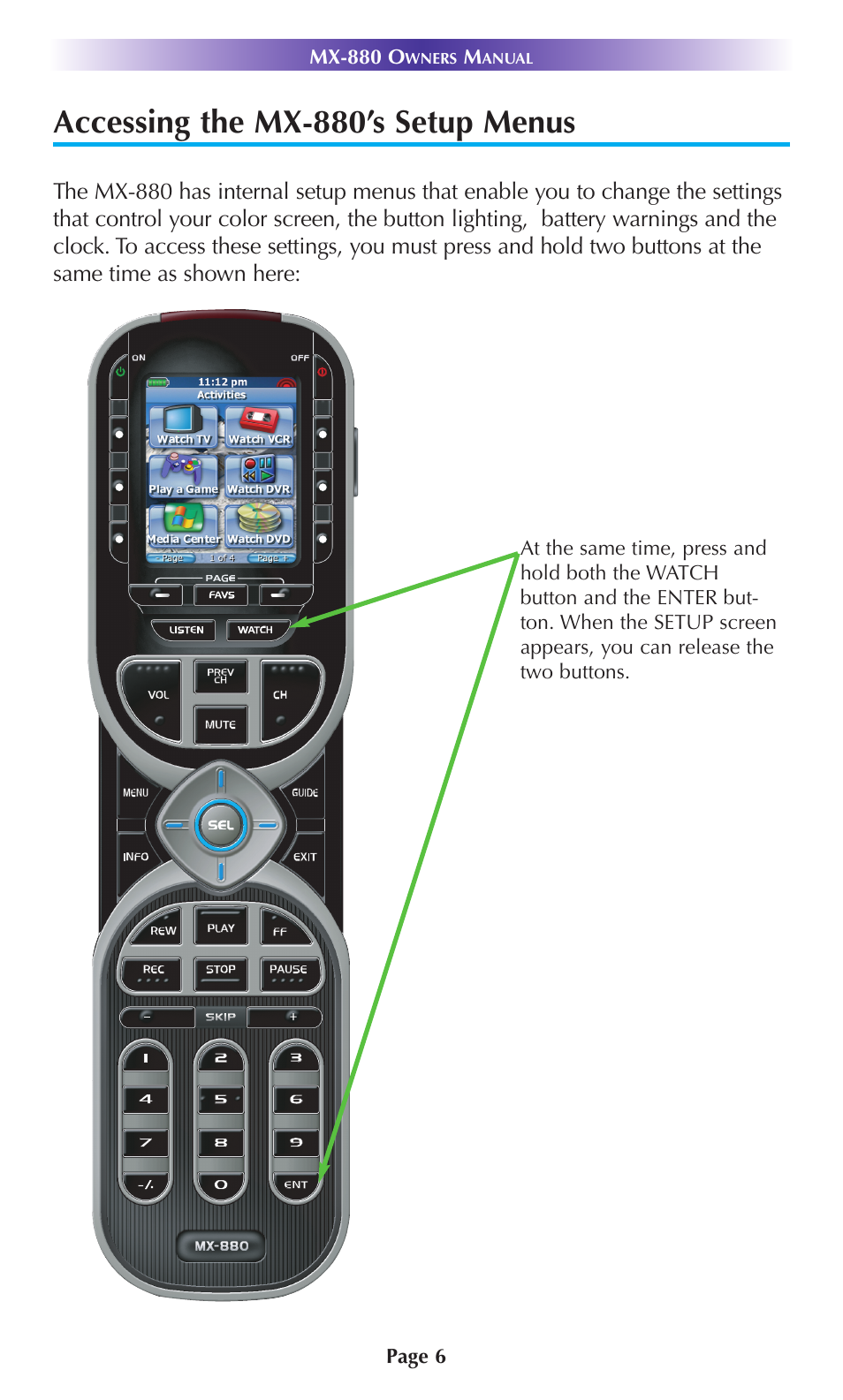 Accessing the mx-880’s setup menus | Universal Remote Control (URS) MX-880 User Manual | Page 9 / 22