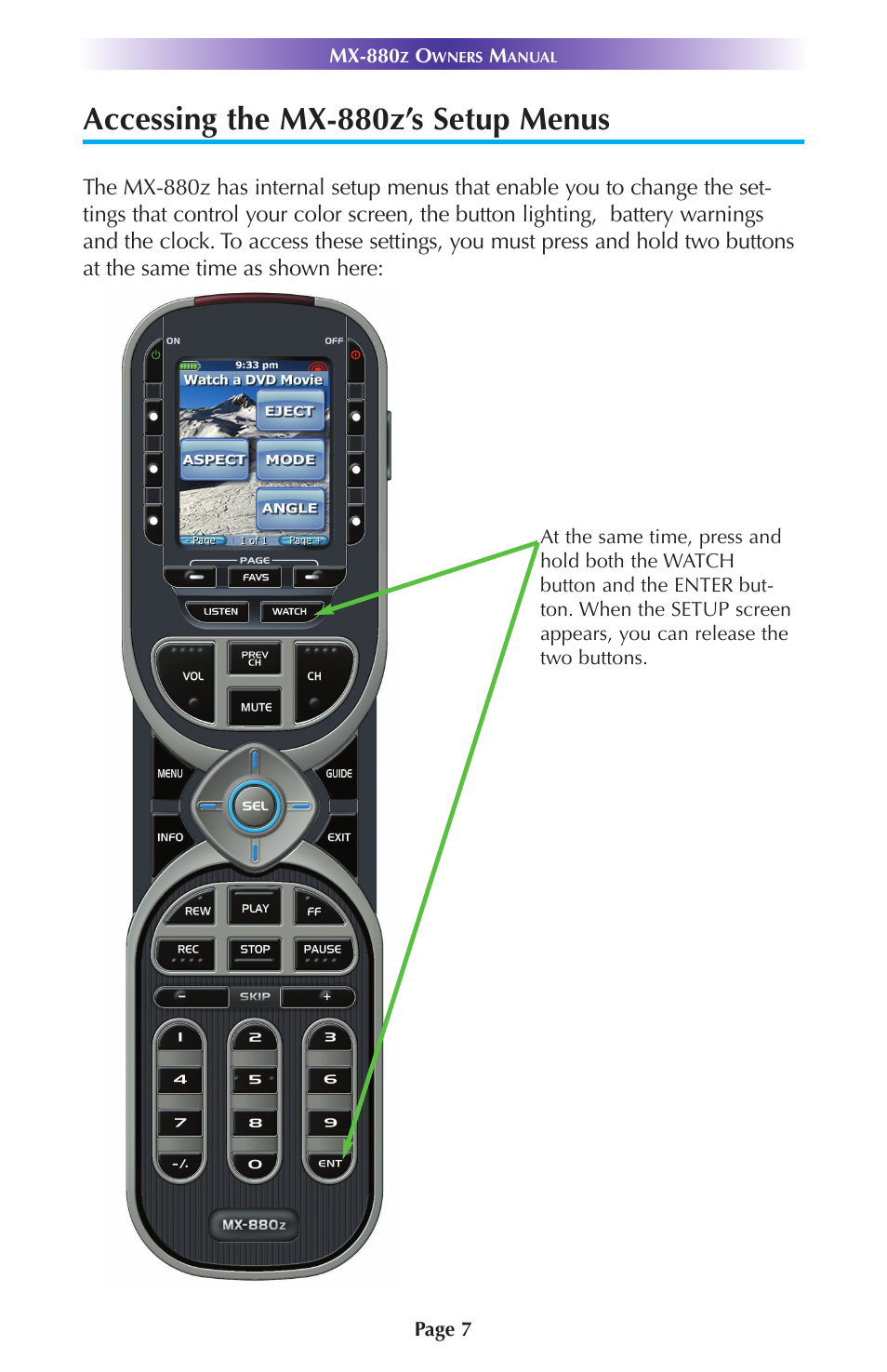 Accessing the mx-880z’s setup menus | Universal Remote Control (URS) MX-880Z User Manual | Page 10 / 24