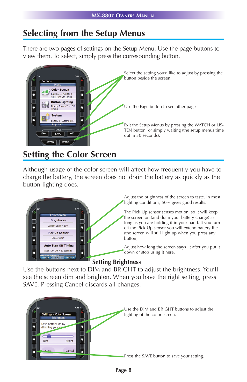 Selecting from the setup menus, Setting the color screen | Universal Remote Control (URS) MX-880Z User Manual | Page 11 / 24