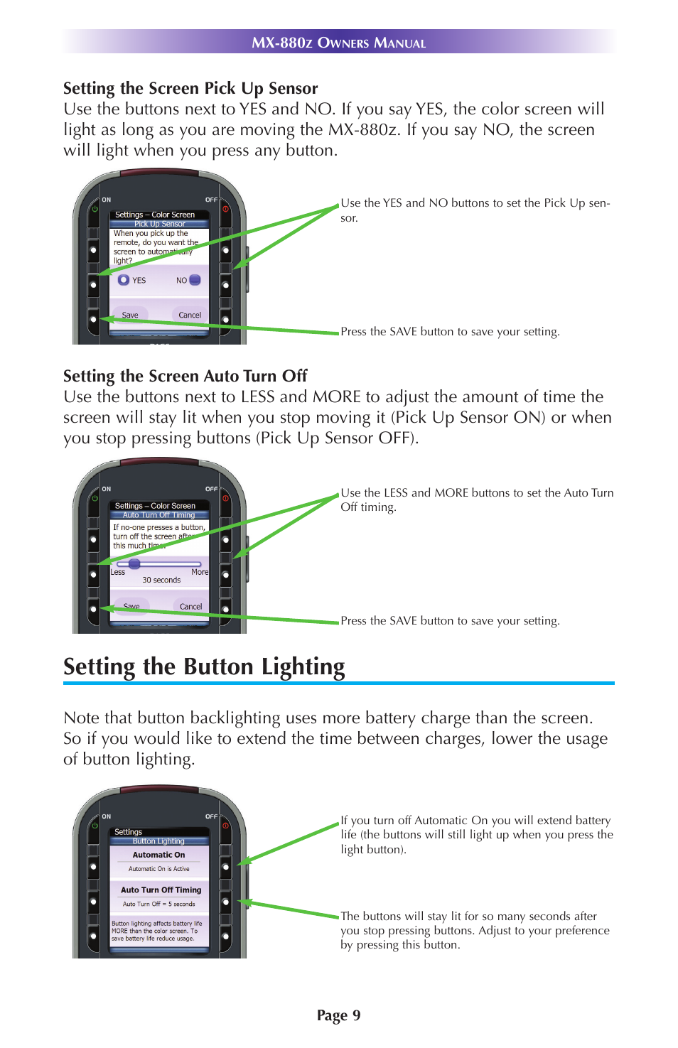 Setting the button lighting | Universal Remote Control (URS) MX-880Z User Manual | Page 12 / 24