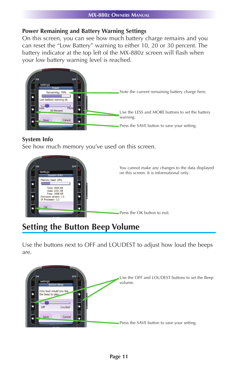 Setting the button beep volume | Universal Remote Control (URS) MX-880Z User Manual | Page 14 / 24