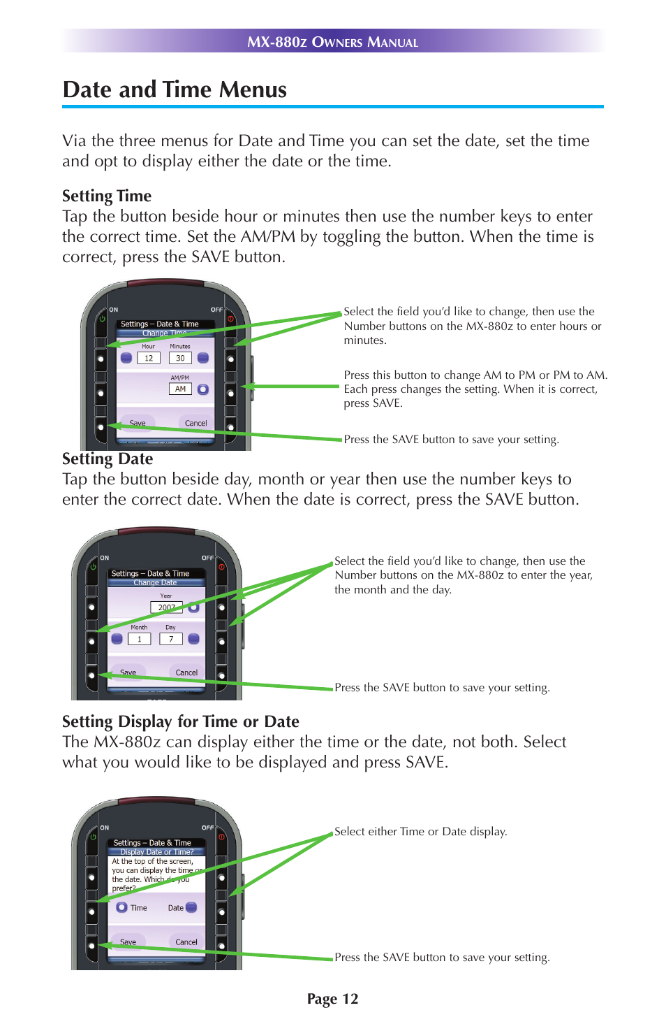 Date and time menus | Universal Remote Control (URS) MX-880Z User Manual | Page 15 / 24