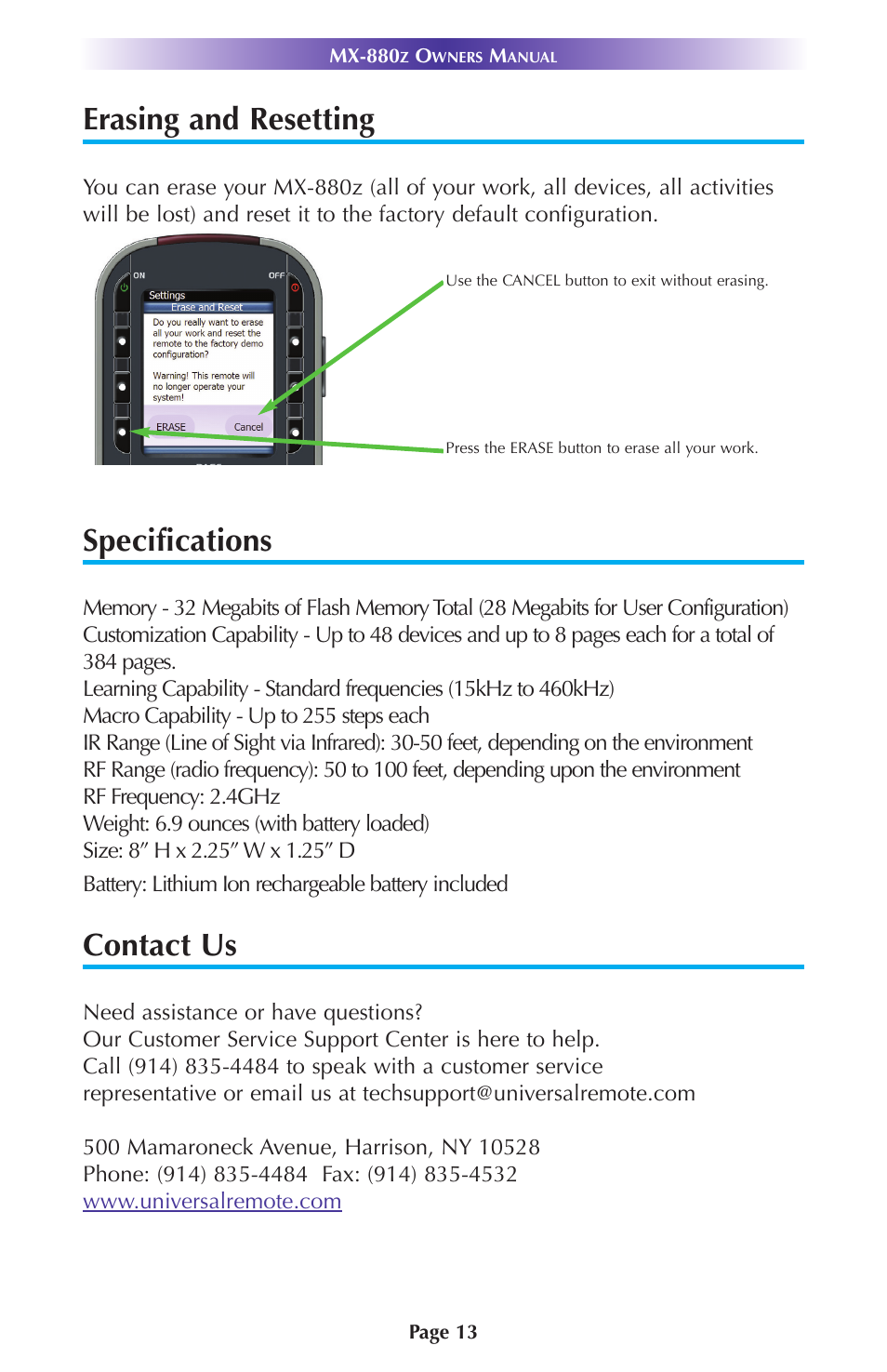 Erasing and resetting, Specifications, Contact us | Universal Remote Control (URS) MX-880Z User Manual | Page 16 / 24