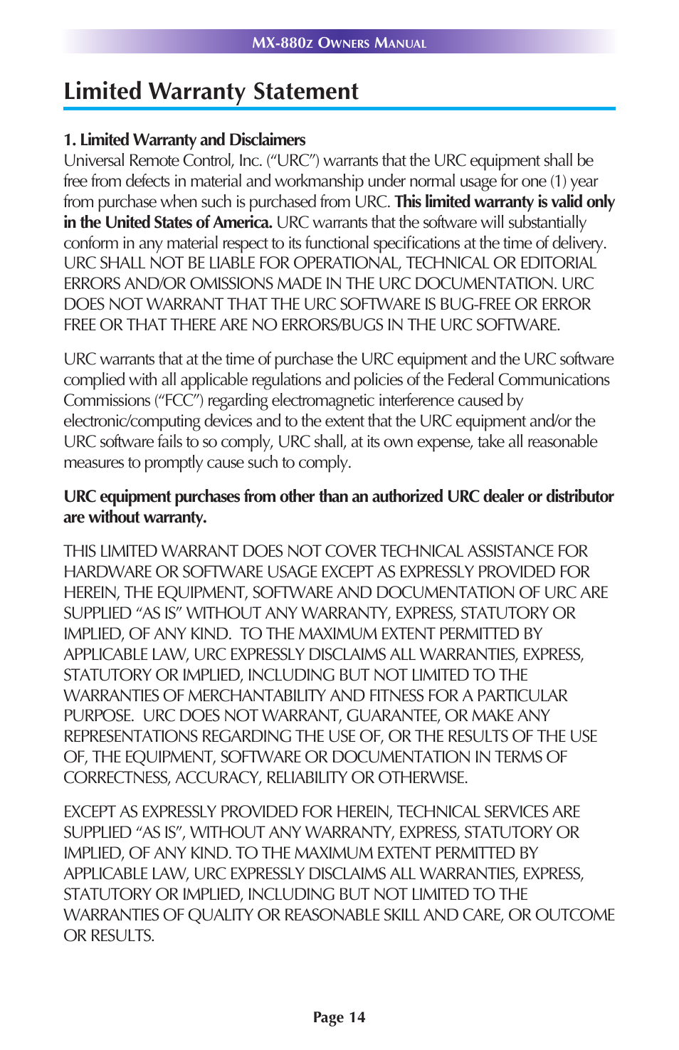 Limited warranty statement | Universal Remote Control (URS) MX-880Z User Manual | Page 17 / 24