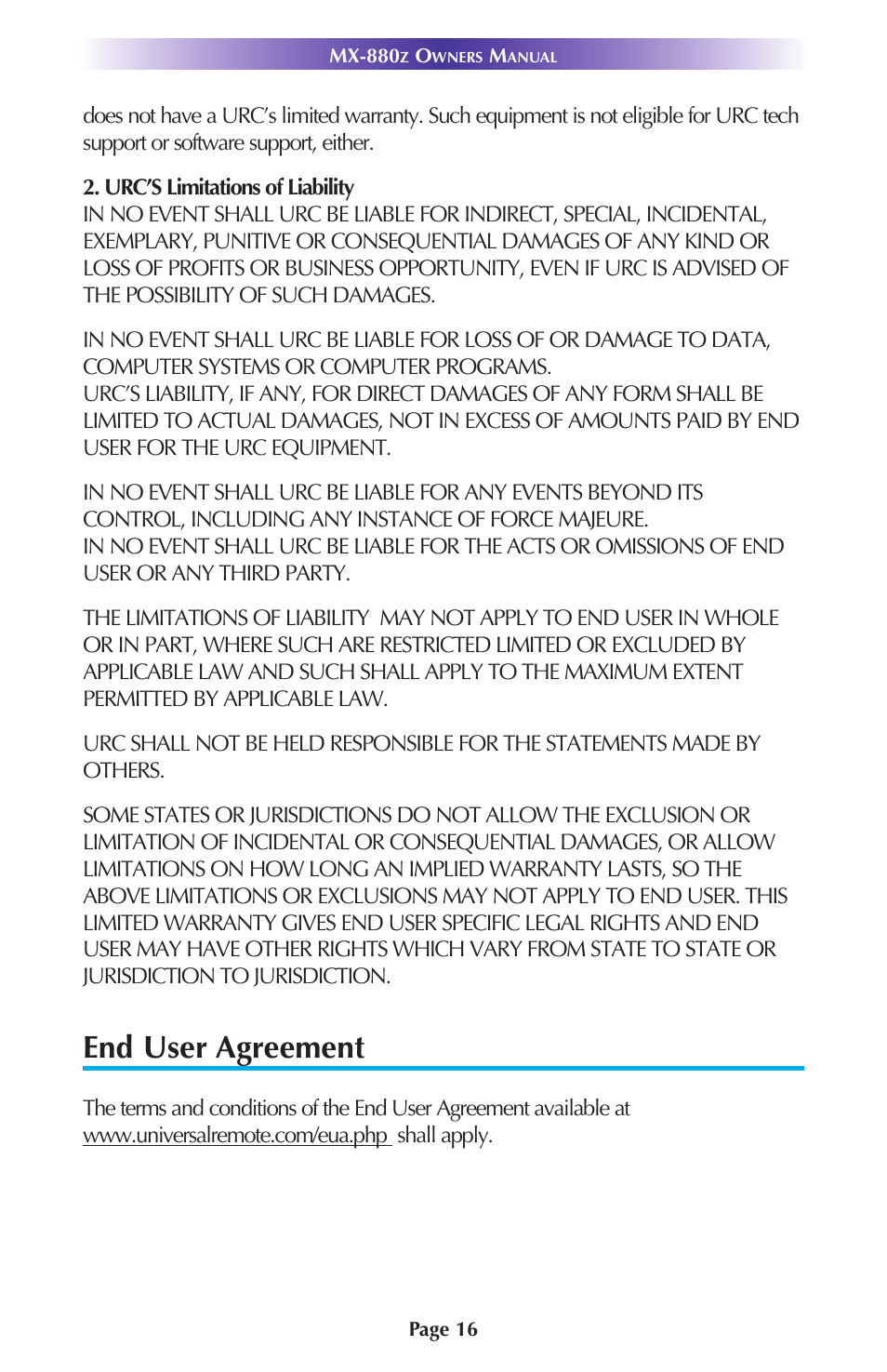 End user agreement | Universal Remote Control (URS) MX-880Z User Manual | Page 19 / 24