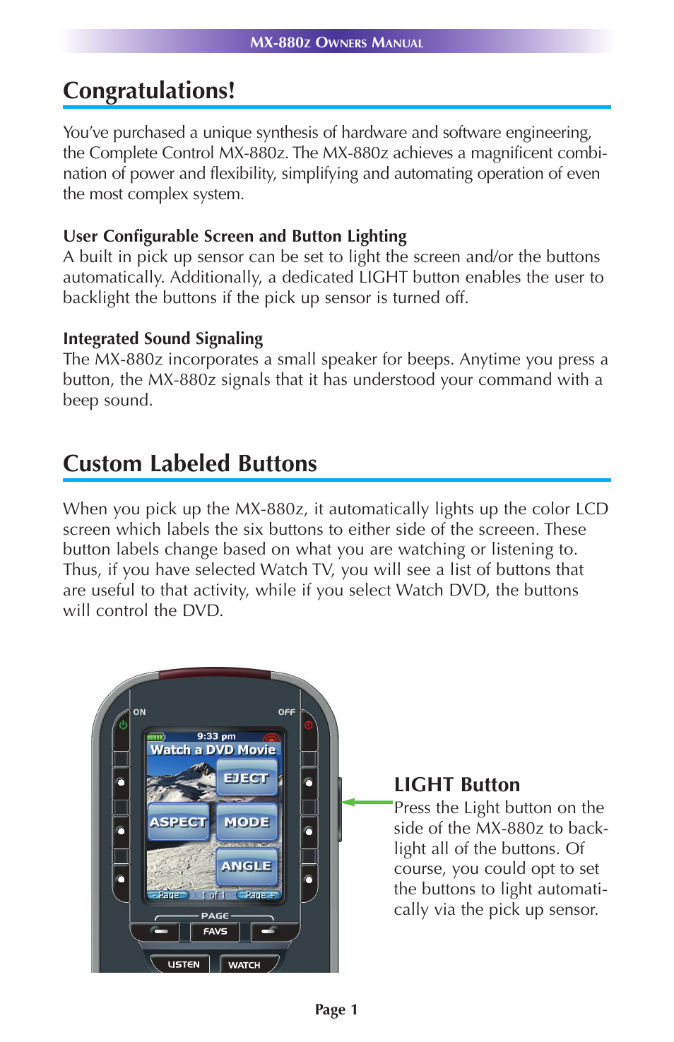 Custom labeled buttons, Light button | Universal Remote Control (URS) MX-880Z User Manual | Page 4 / 24