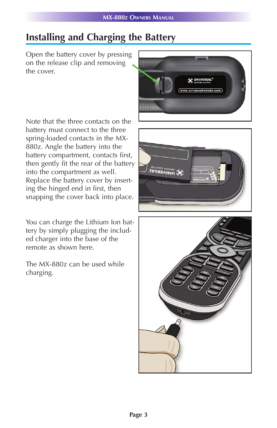 Installing and charging the battery | Universal Remote Control (URS) MX-880Z User Manual | Page 6 / 24