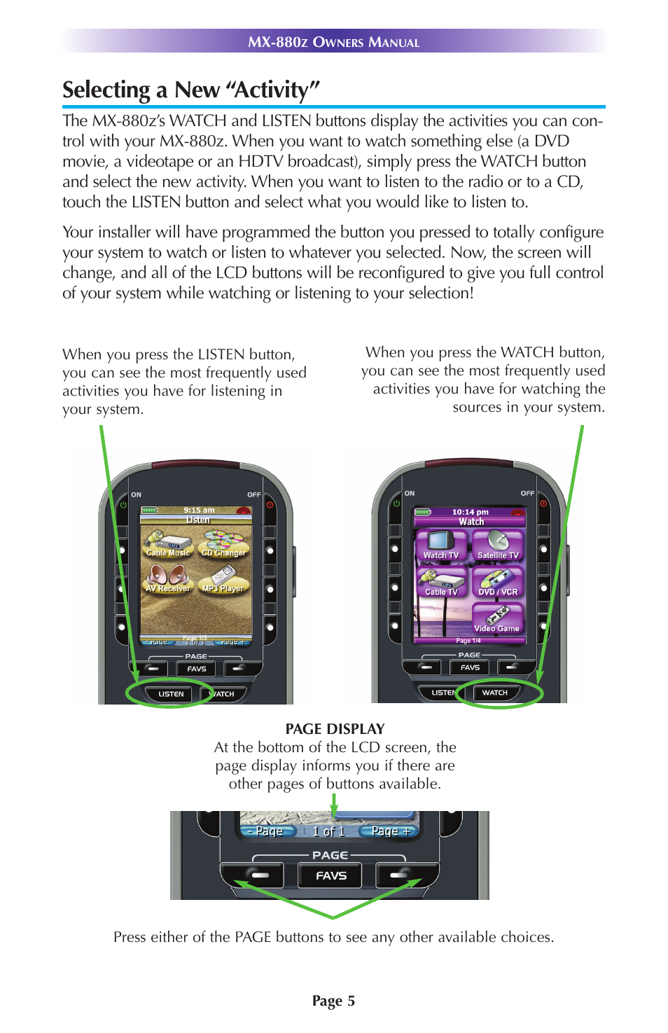 Selecting a new “activity | Universal Remote Control (URS) MX-880Z User Manual | Page 8 / 24