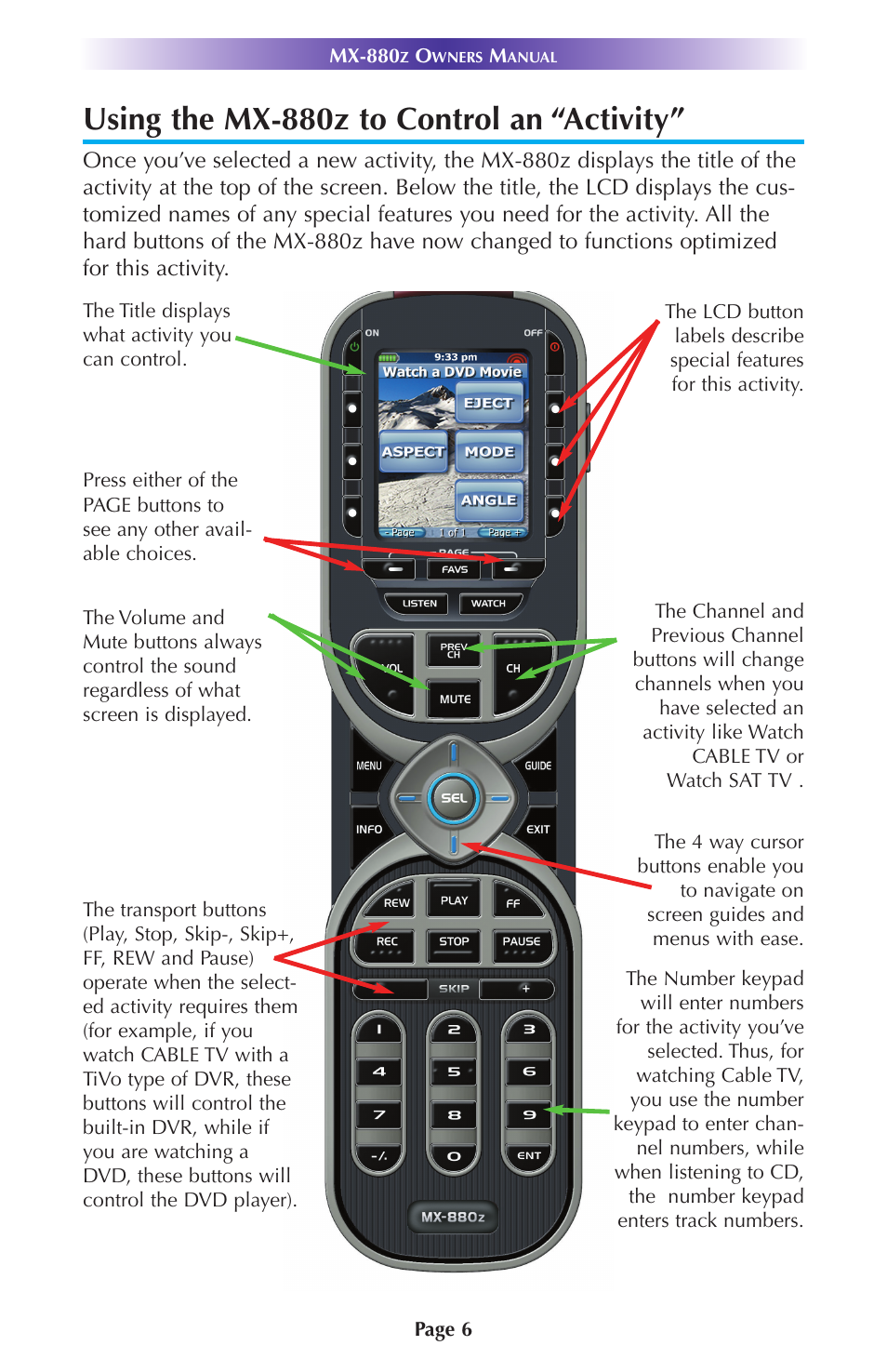 Using the mx-880z to control an “activity | Universal Remote Control (URS) MX-880Z User Manual | Page 9 / 24