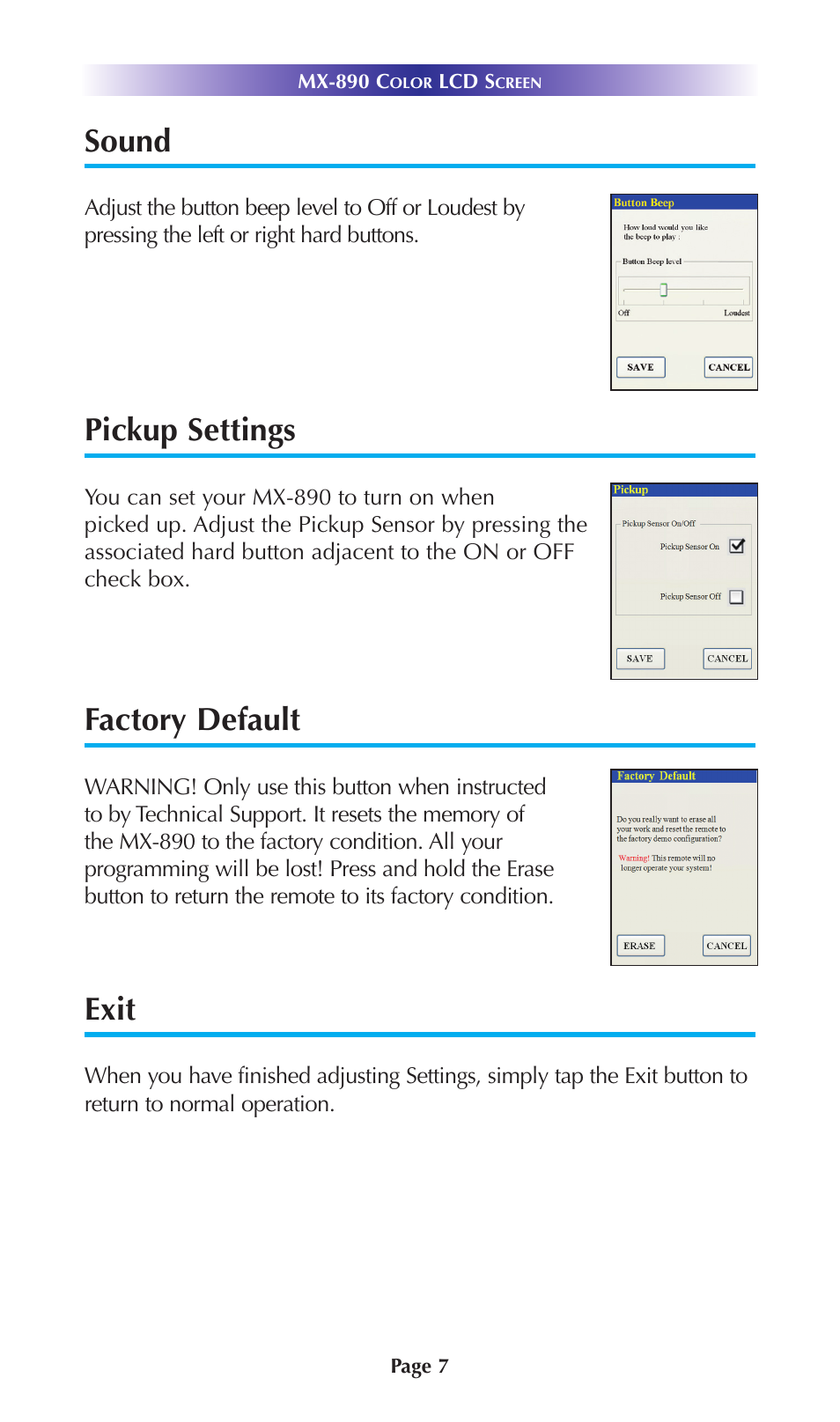 Sound, Pickup settings, Factory default | Exit | Universal Remote Control (URS) MX-890 User Manual | Page 10 / 21