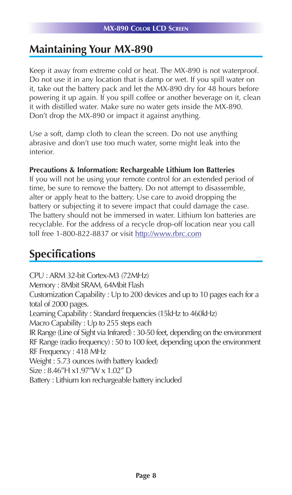 Maintaining your mx-890, Specifications | Universal Remote Control (URS) MX-890 User Manual | Page 11 / 21