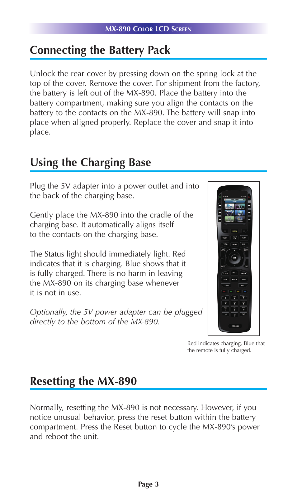 Connecting the battery pack, Using the charging base, Resetting the mx-890 | Universal Remote Control (URS) MX-890 User Manual | Page 6 / 21