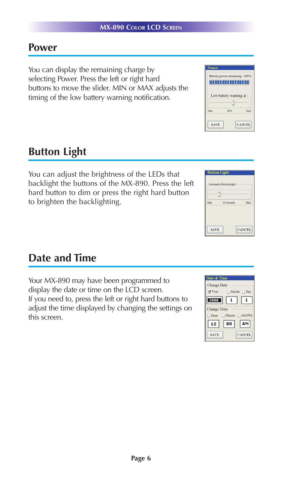 Power, Button light, Date and time | Universal Remote Control (URS) MX-890 User Manual | Page 9 / 21