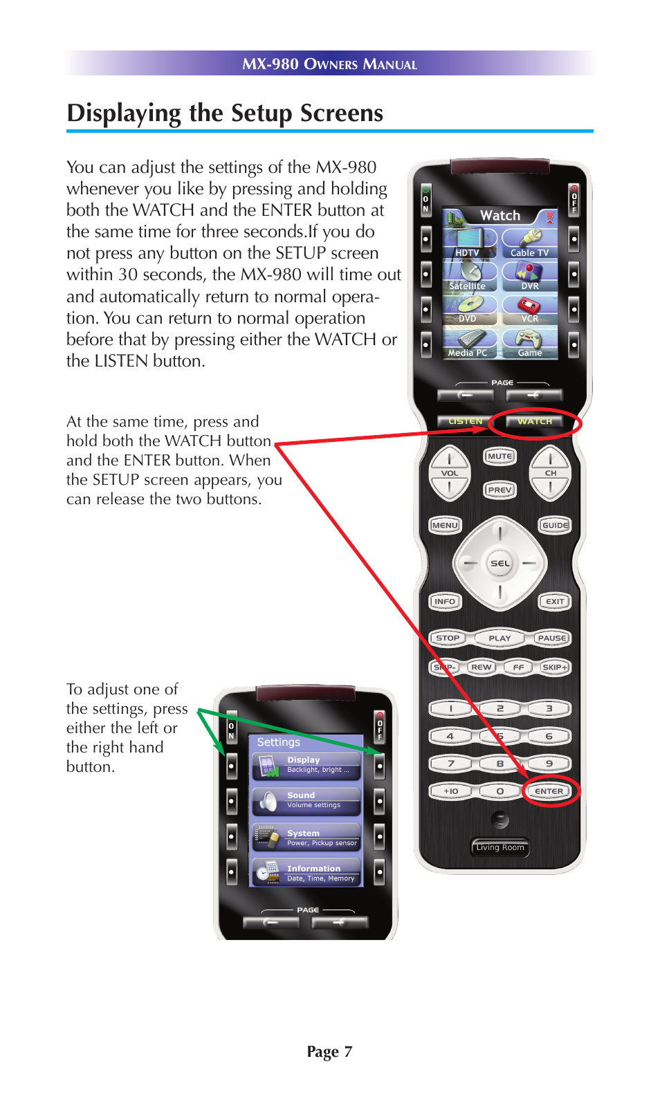 Displaying the setup screens | Universal Remote Control (URS) MX-980 User Manual | Page 10 / 20