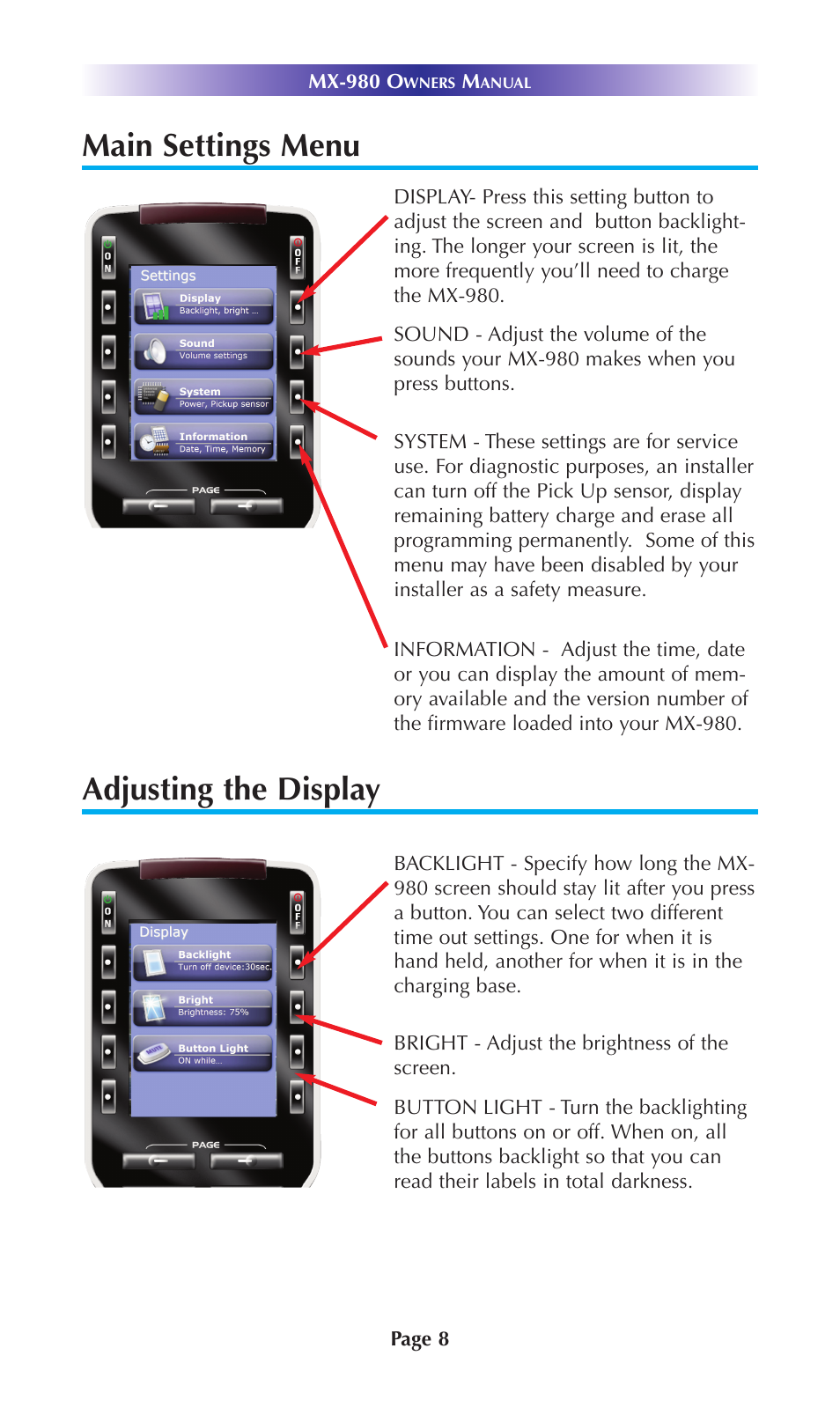 Main settings menu adjusting the display | Universal Remote Control (URS) MX-980 User Manual | Page 11 / 20