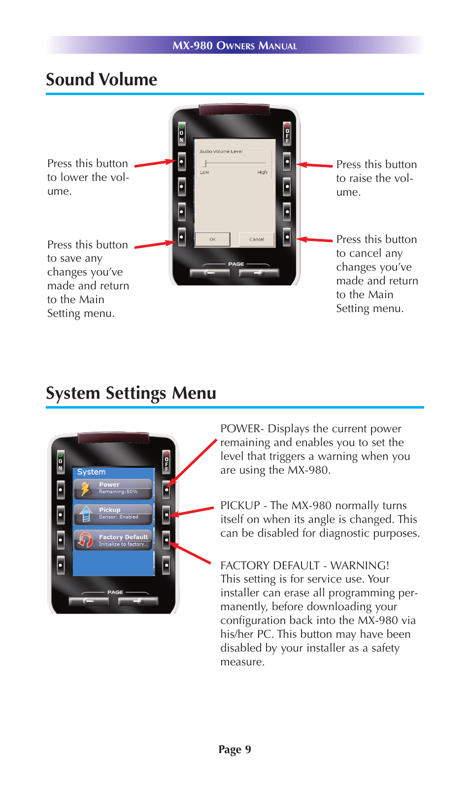 System settings menu, Sound volume | Universal Remote Control (URS) MX-980 User Manual | Page 12 / 20