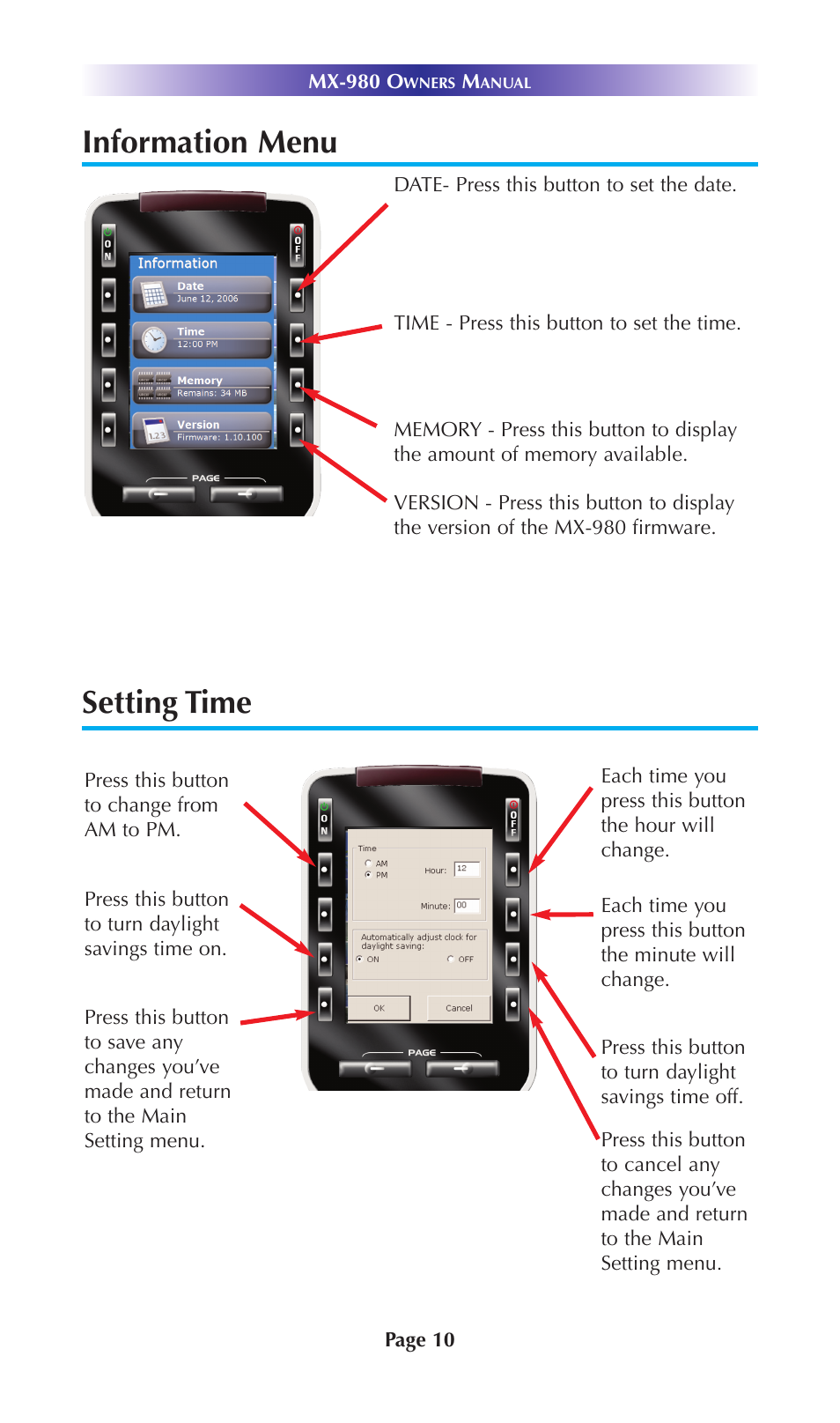 Setting time information menu | Universal Remote Control (URS) MX-980 User Manual | Page 13 / 20