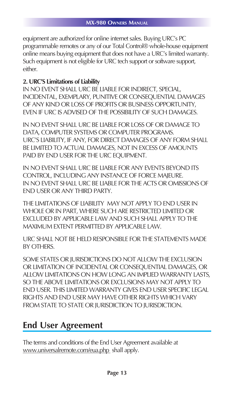 End user agreement | Universal Remote Control (URS) MX-980 User Manual | Page 16 / 20